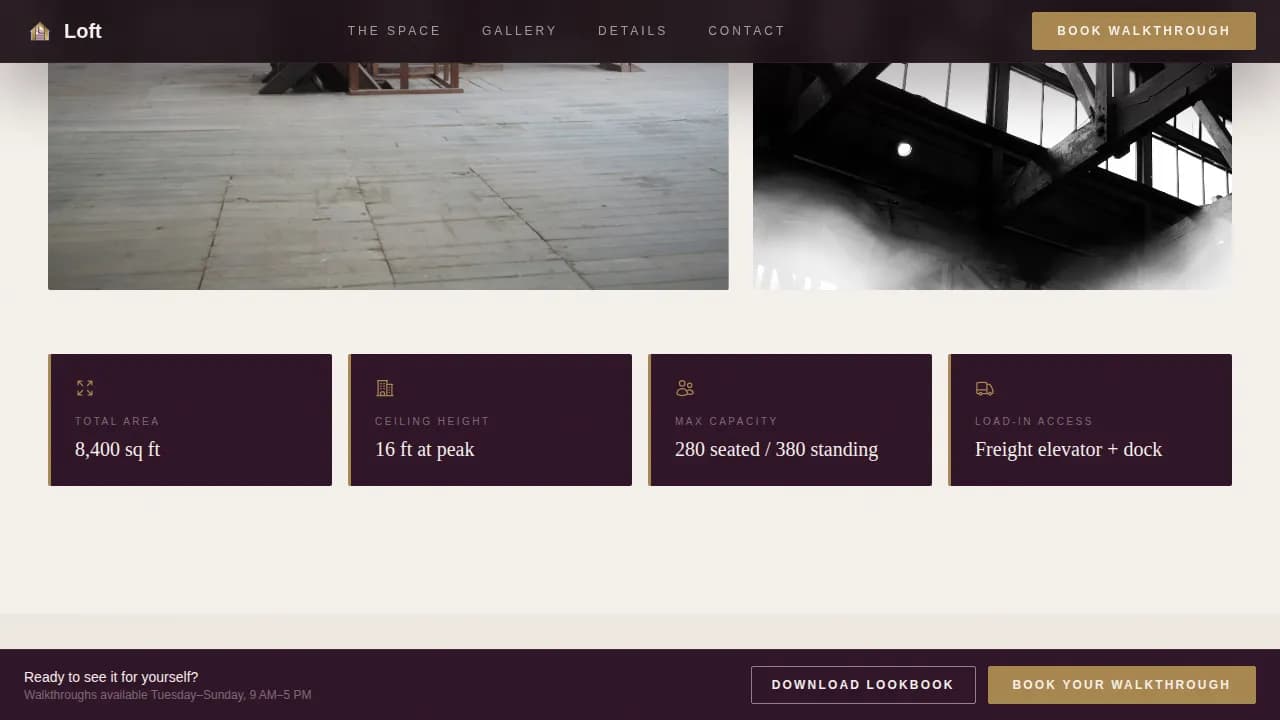 Loft — Immersive Warehouse Venue Landing Page Template