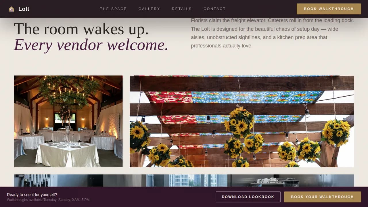 Loft — Immersive Warehouse Venue Landing Page Template
