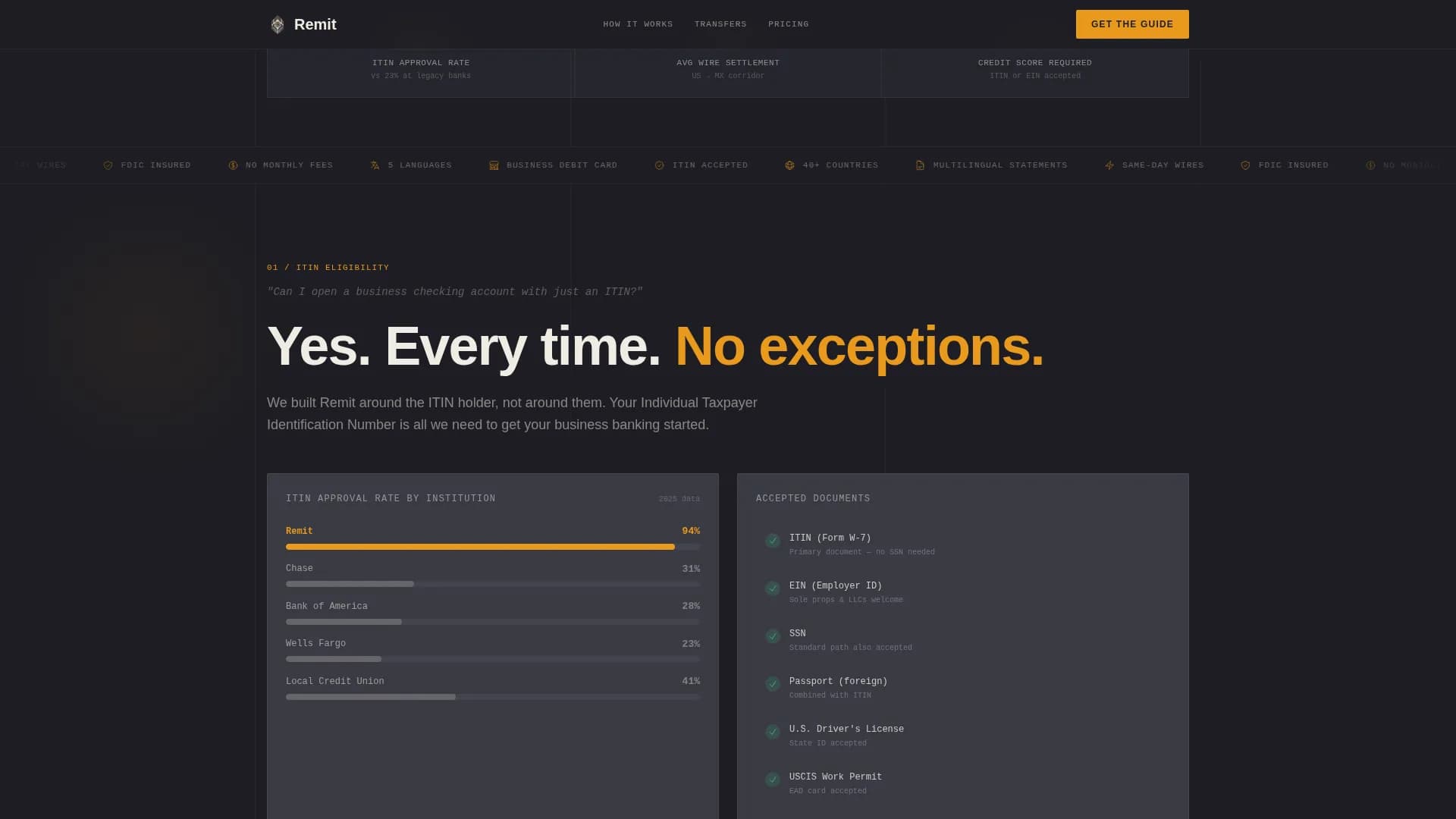 Remit - ITIN-Ready Cross-Border Business Checking Landing Page Template