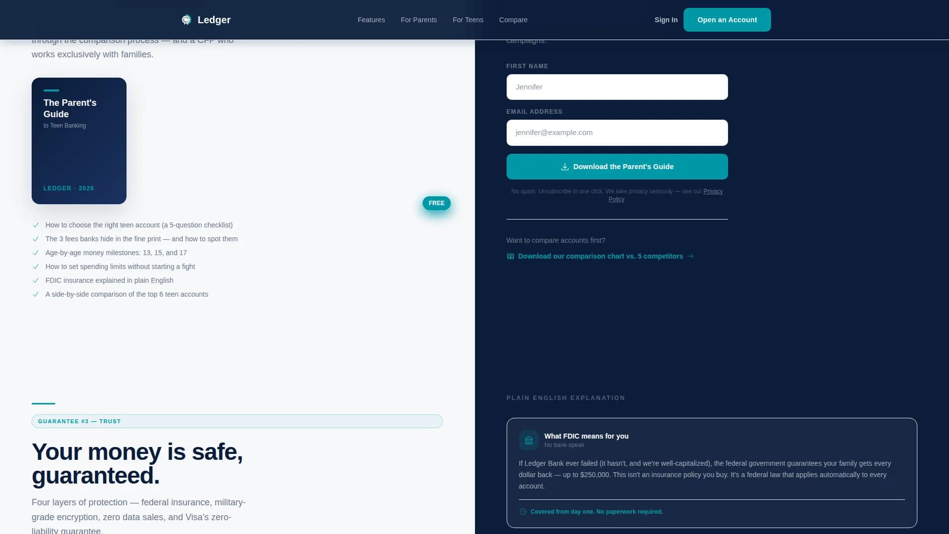 Ledger — Zero Fees Teen Checking Account Landing Page Template