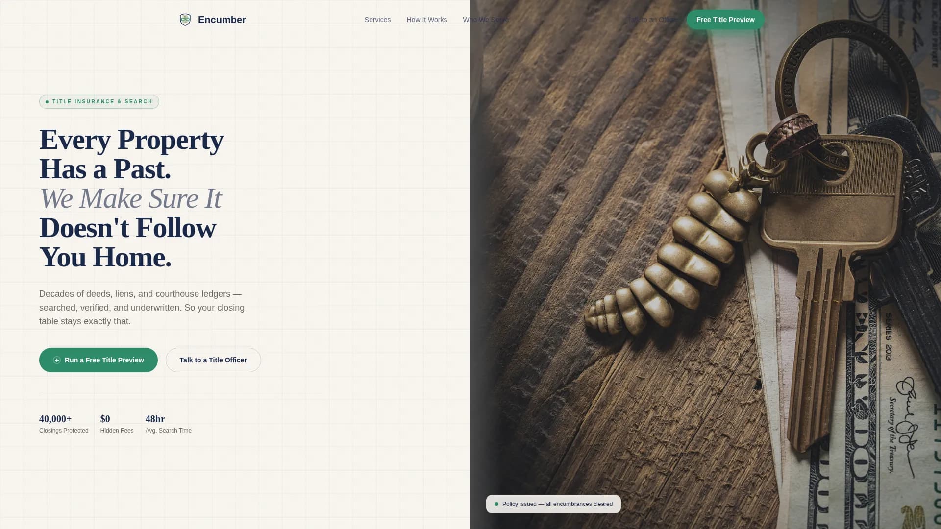 Encumber - Verified Title Protection Landing Page Template
