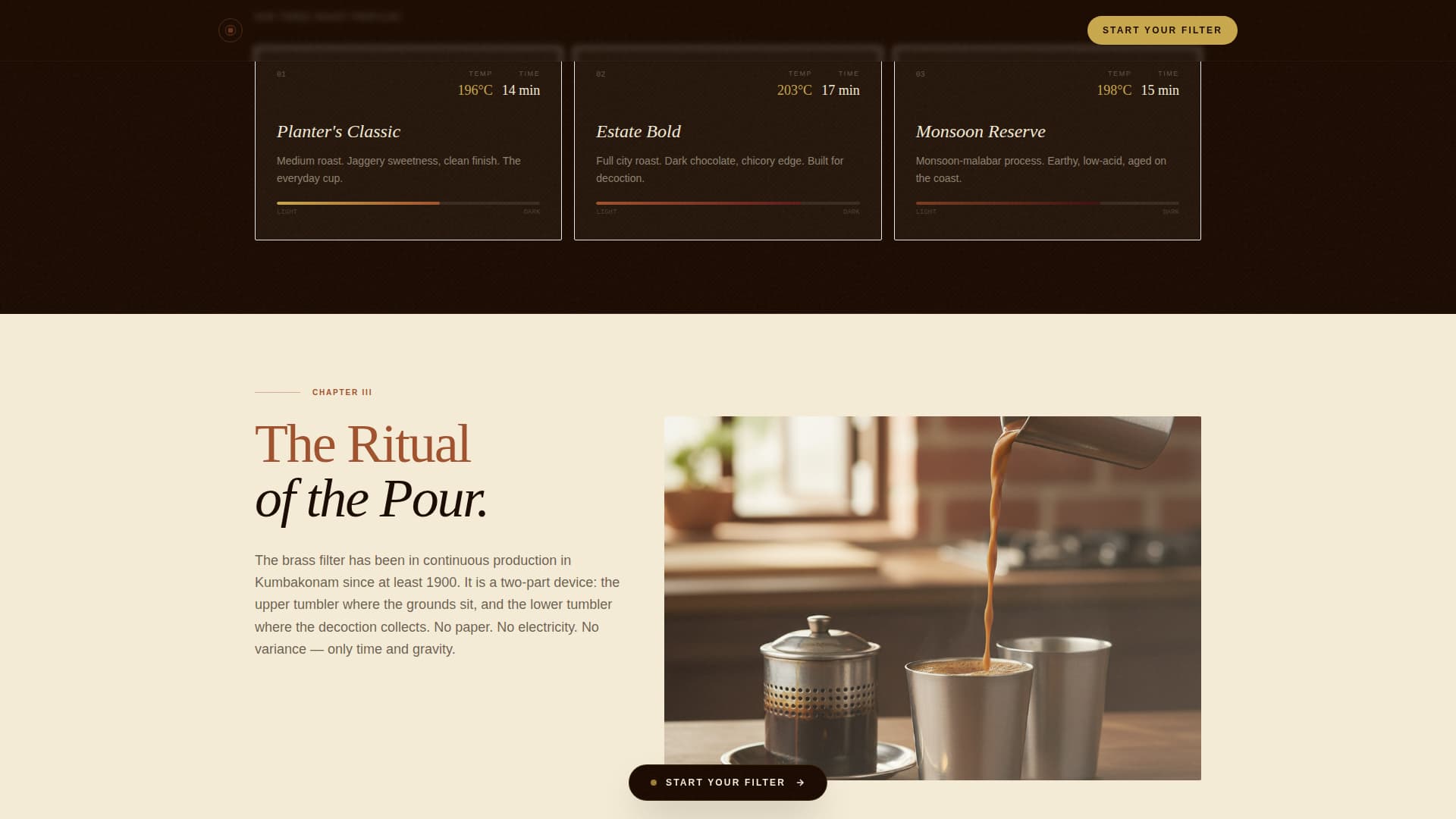 South Indian Filter Coffee Roastery Origin Story Website Template