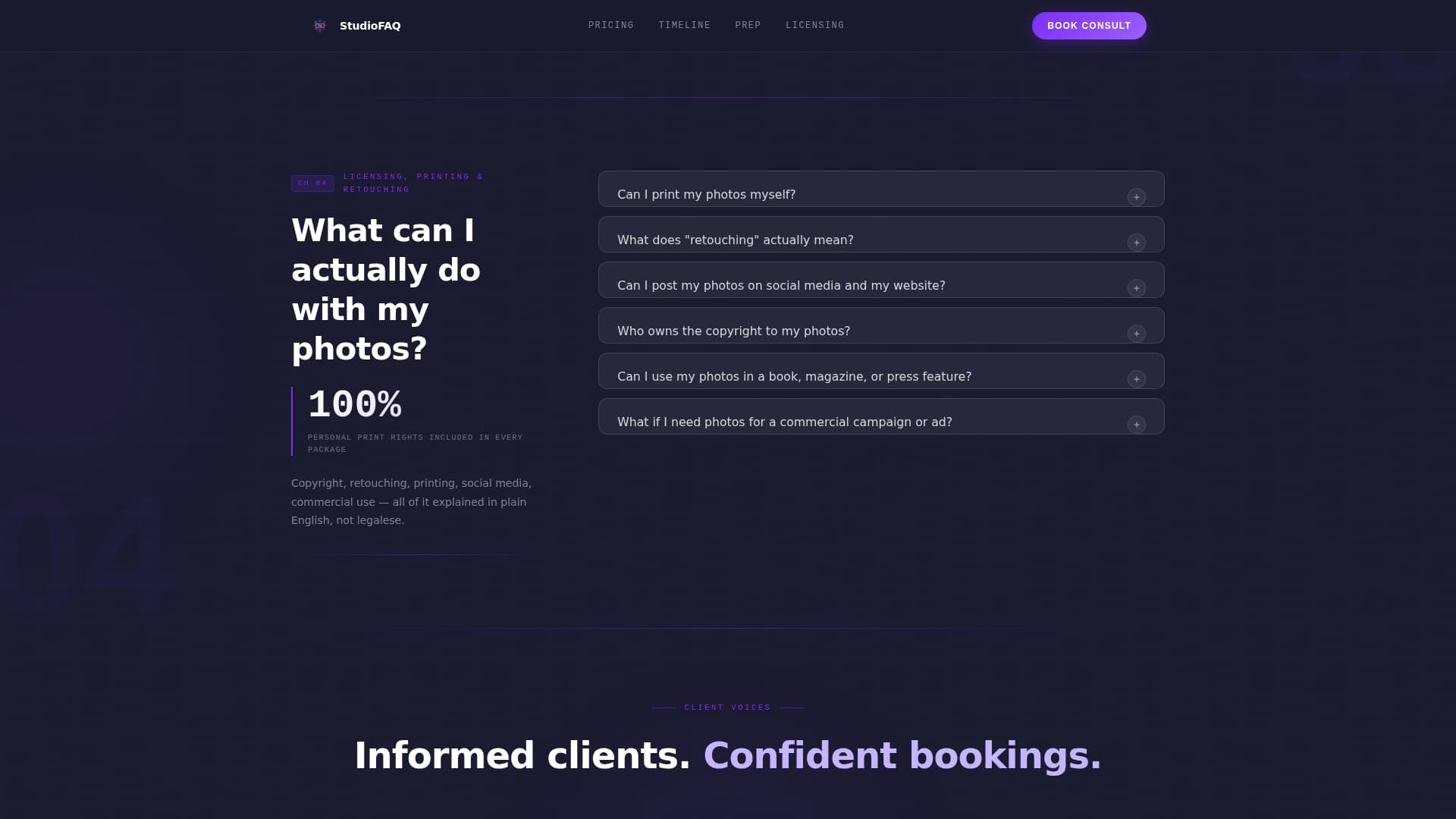 Photography Studio FAQ & Client Objection Website Template