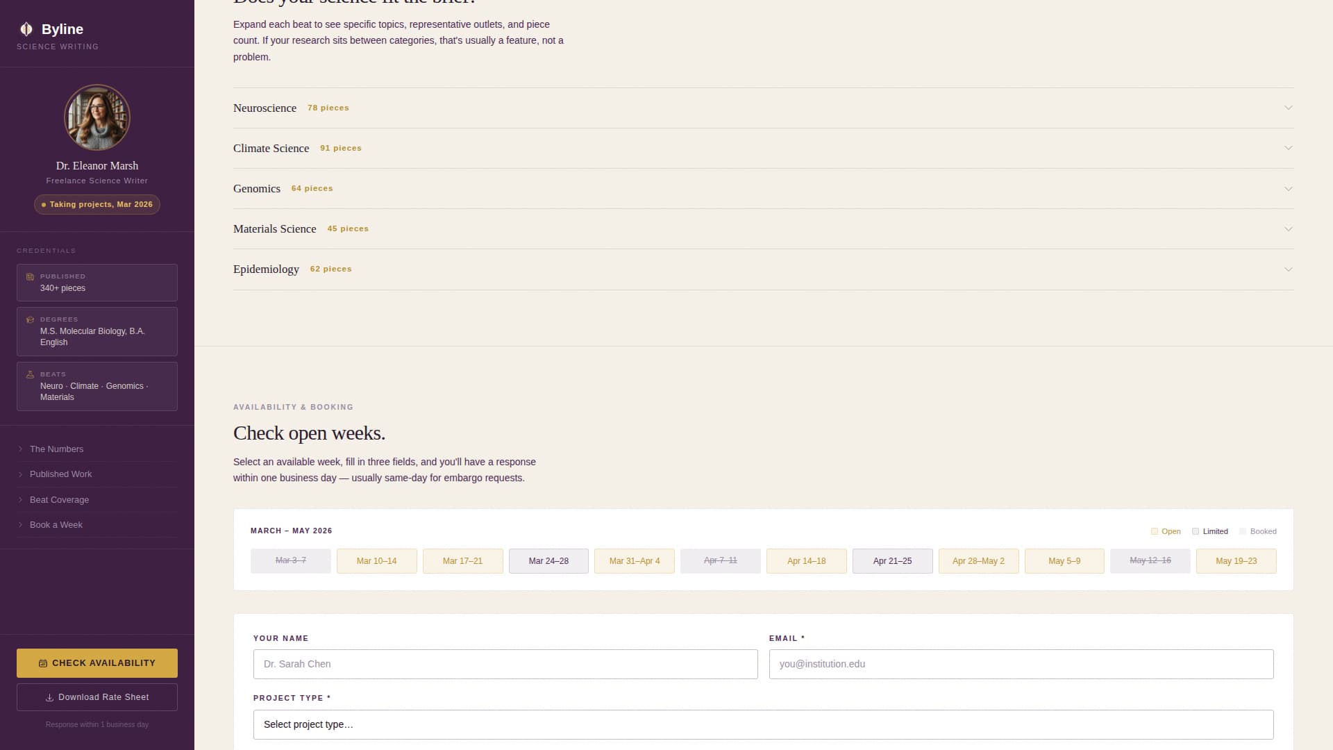 Byline - Authoritative Science Writer Landing Page Template