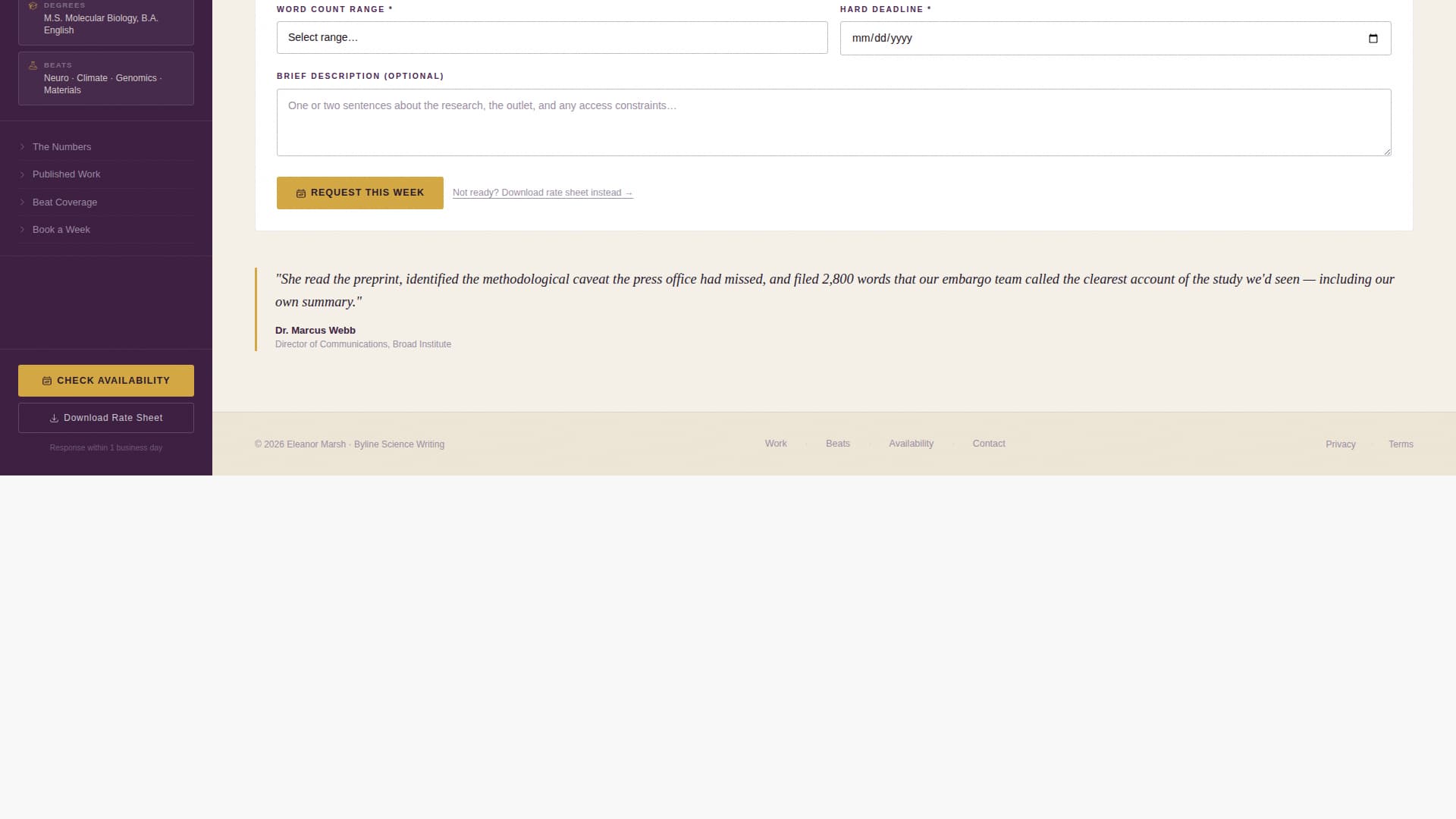 Byline - Authoritative Science Writer Landing Page Template