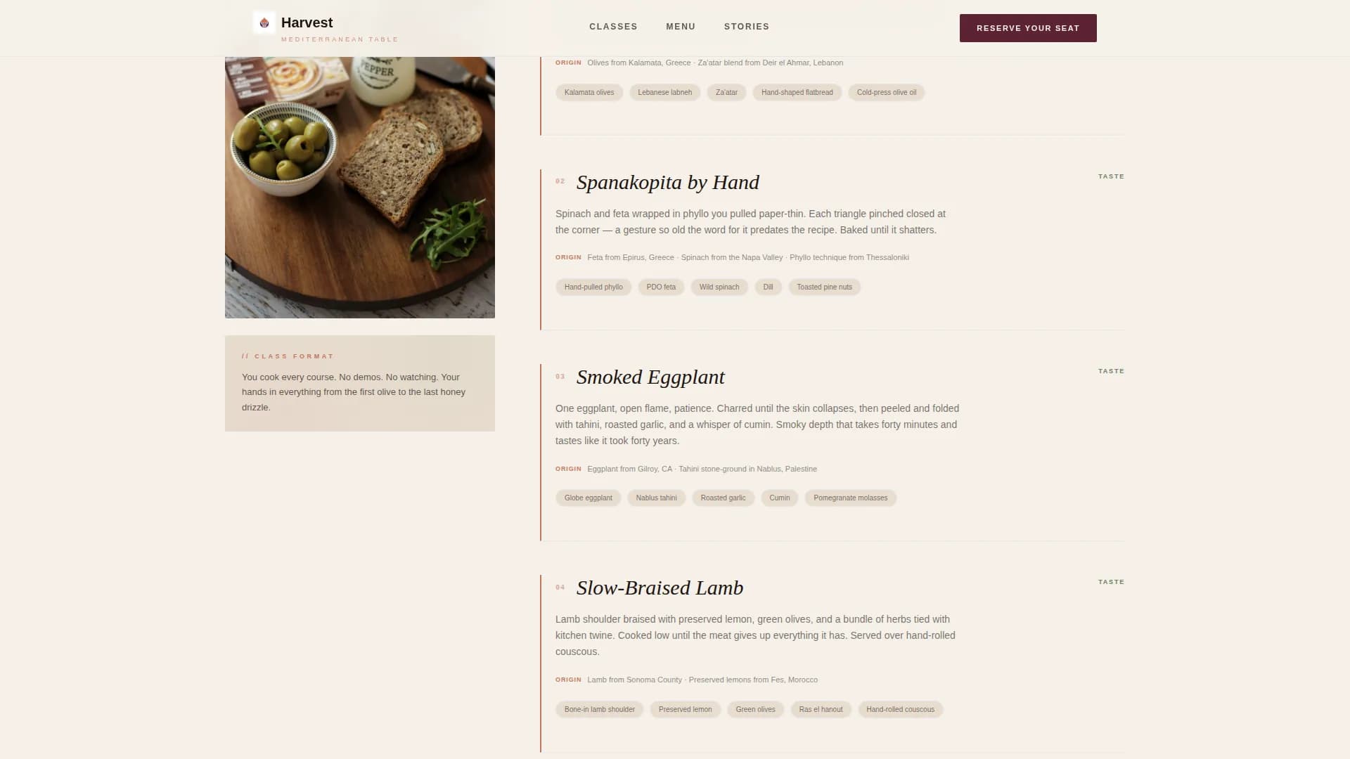 Harvest — Artisan Mediterranean Class Landing Page Template