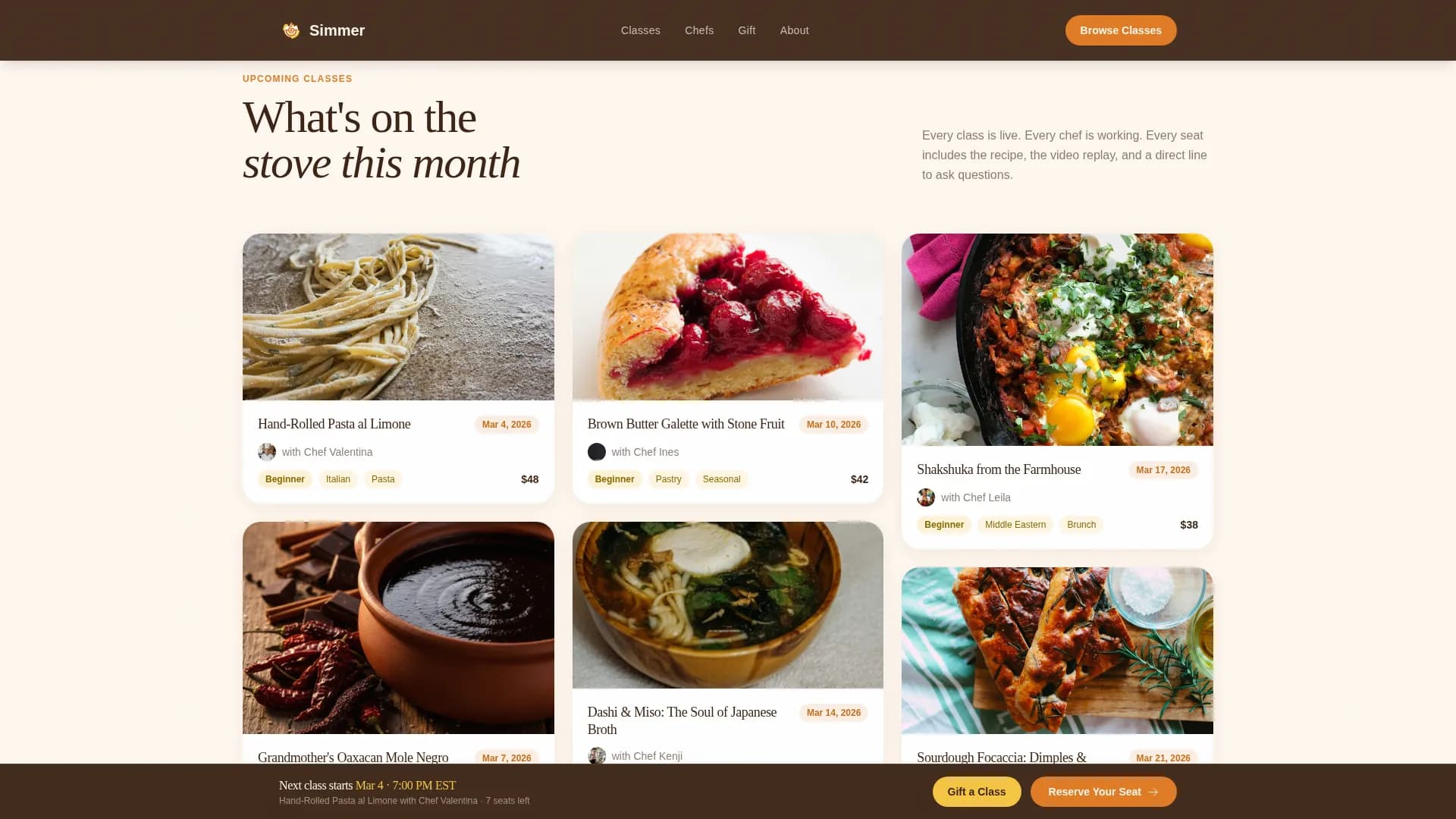 Simmer — Interactive Culinary Workshop Landing Page Template