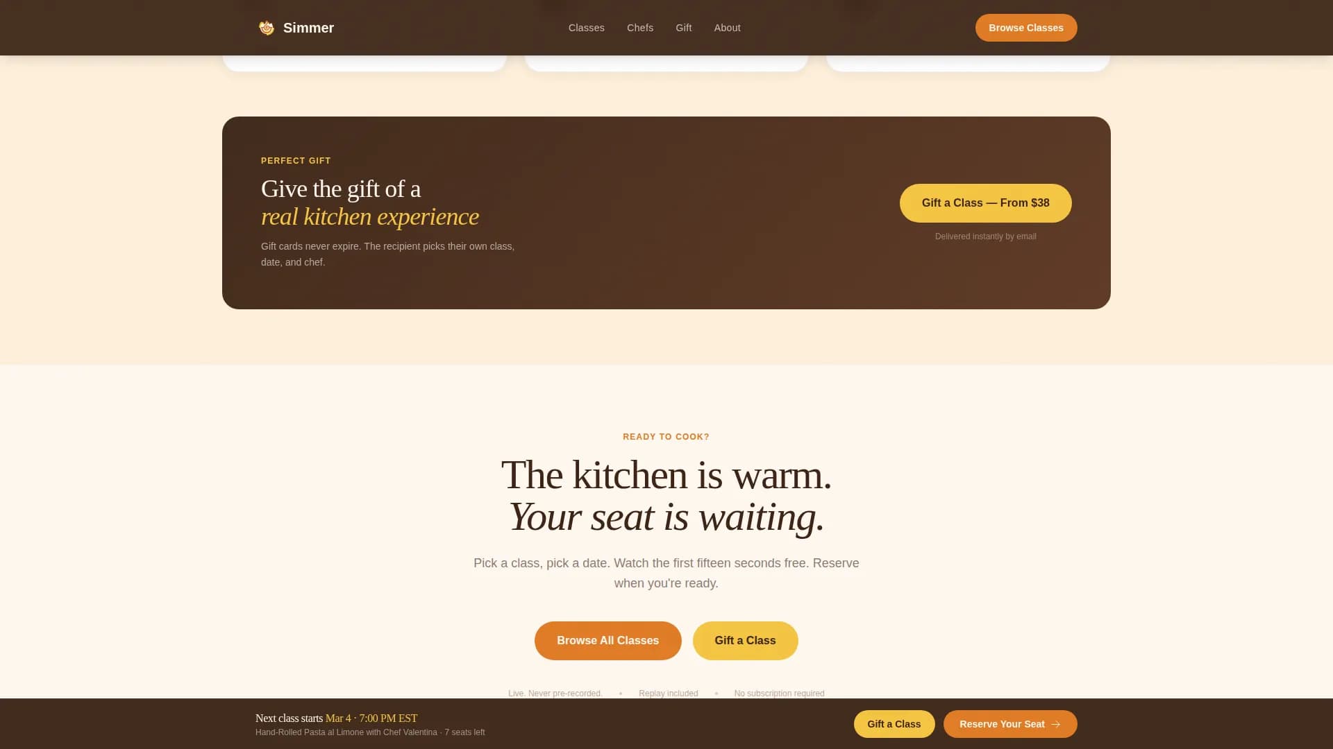 Simmer — Interactive Culinary Workshop Landing Page Template