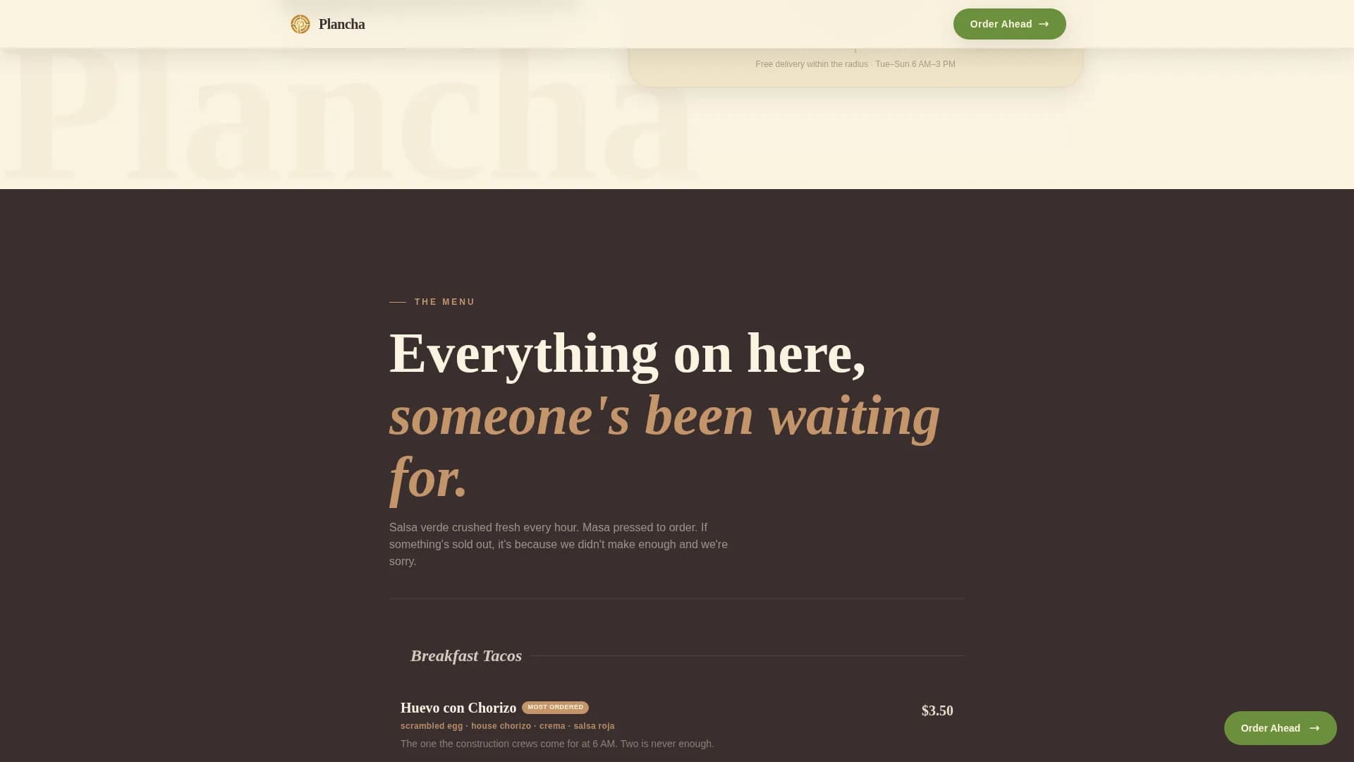 Plancha — Neighborhood Taco Ordering Landing Page Template