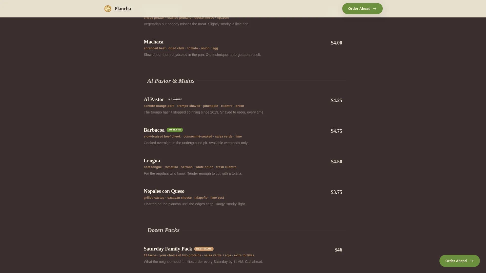 Plancha — Neighborhood Taco Ordering Landing Page Template