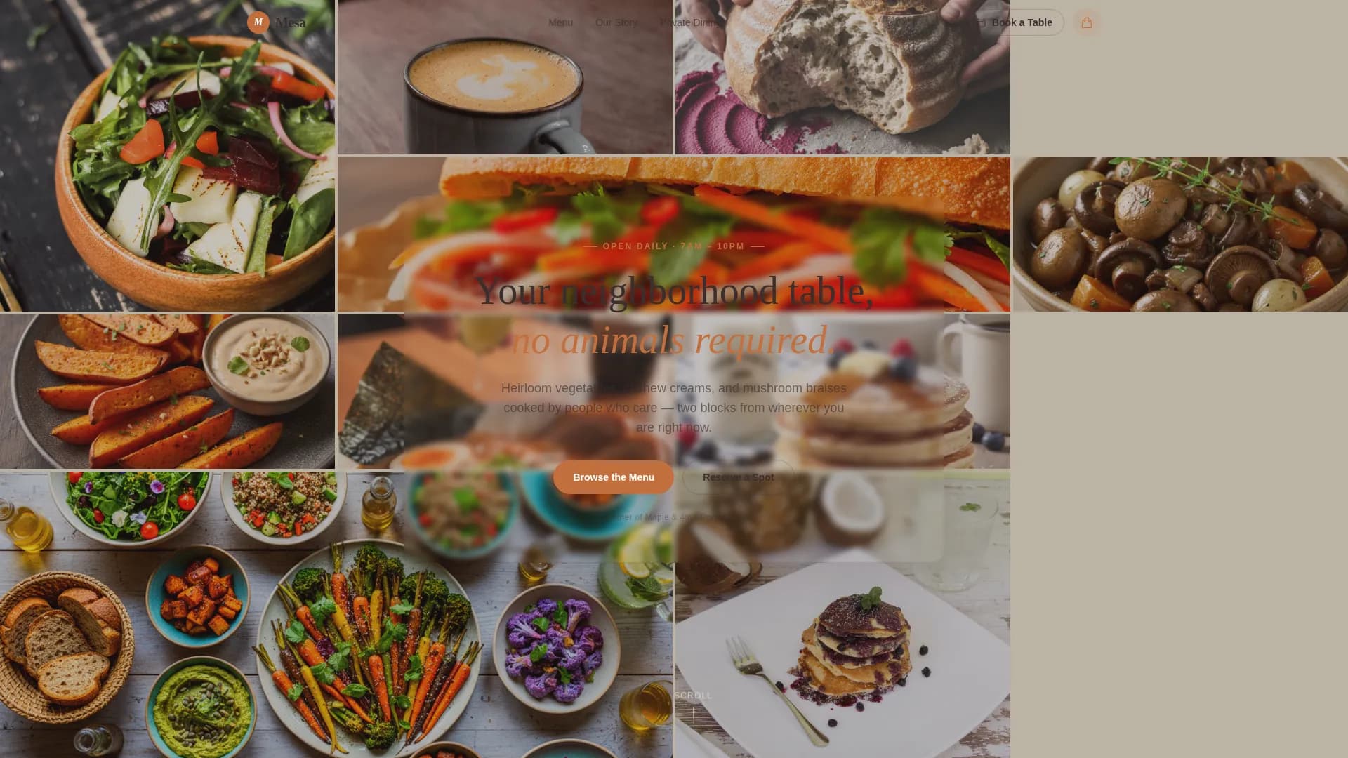 Mesa — Pastoral Neighborhood Vegan Restaurant Landing Page Template
