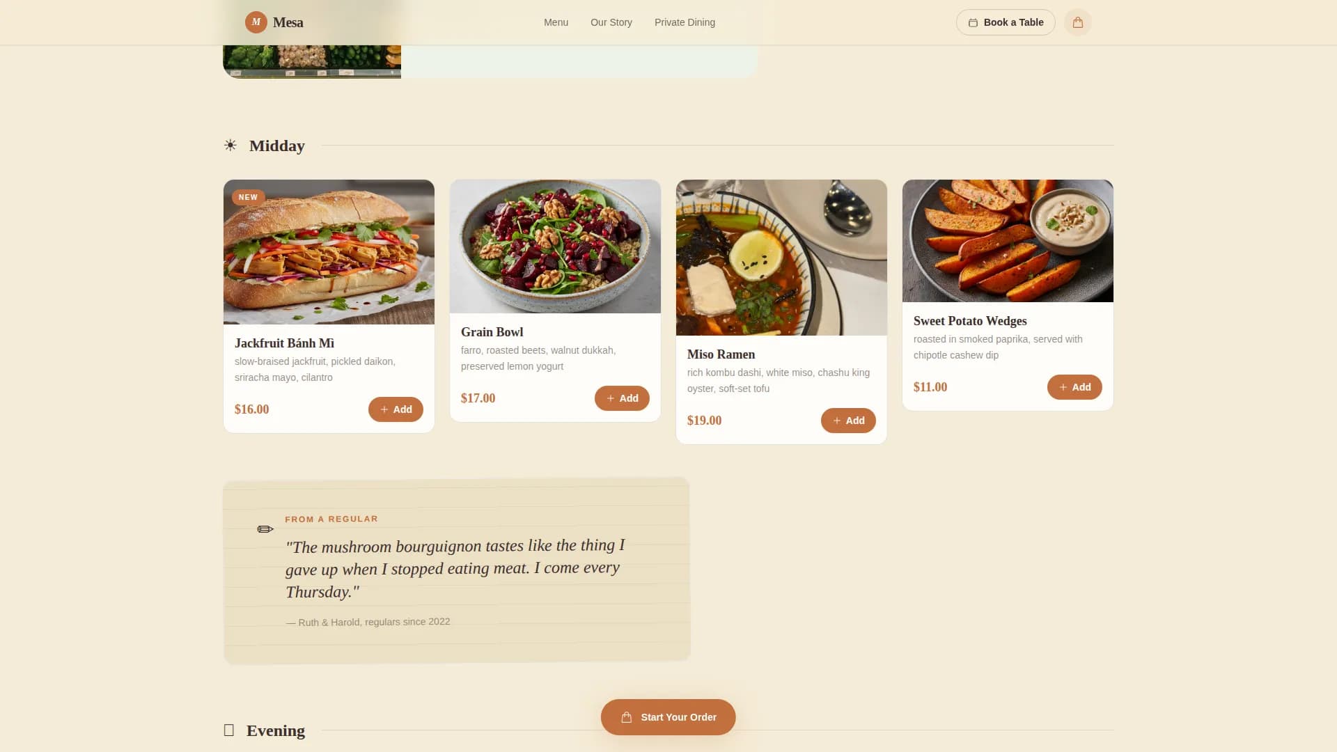 Mesa — Pastoral Neighborhood Vegan Restaurant Landing Page Template