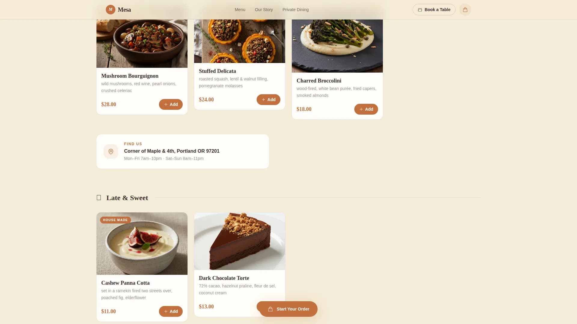 Mesa — Pastoral Neighborhood Vegan Restaurant Landing Page Template