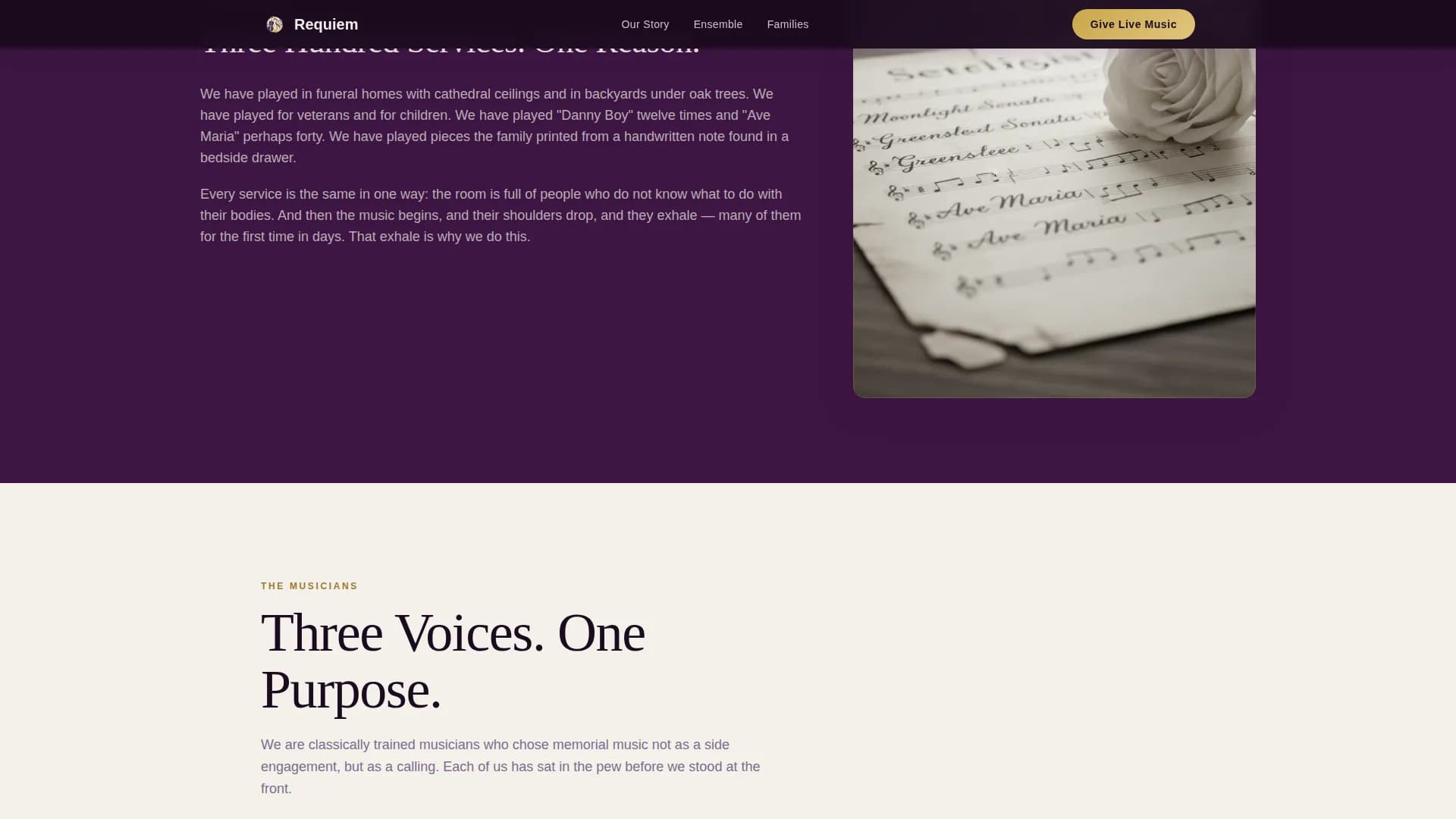 Requiem — Live Funeral Music Landing Page Template
