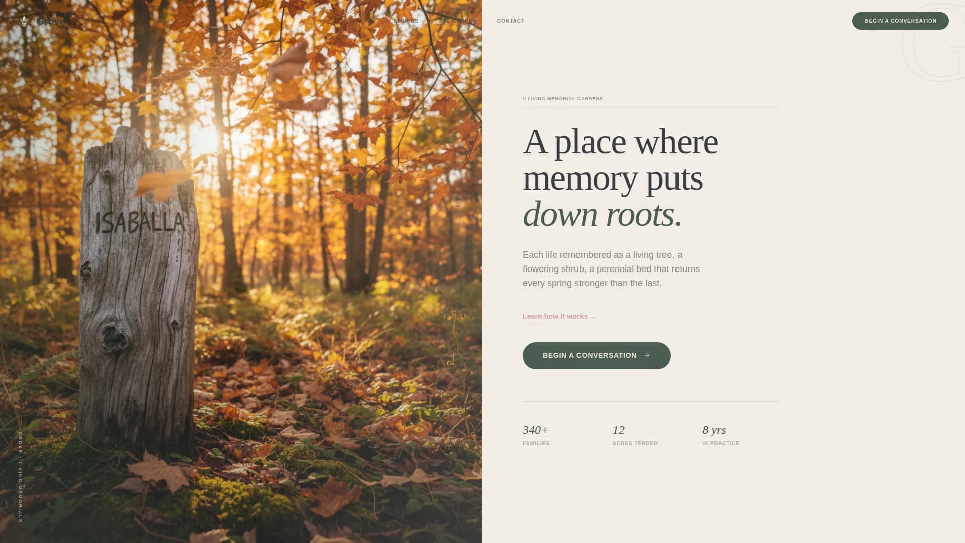Grove - Living Memorial Garden Landing Page Template