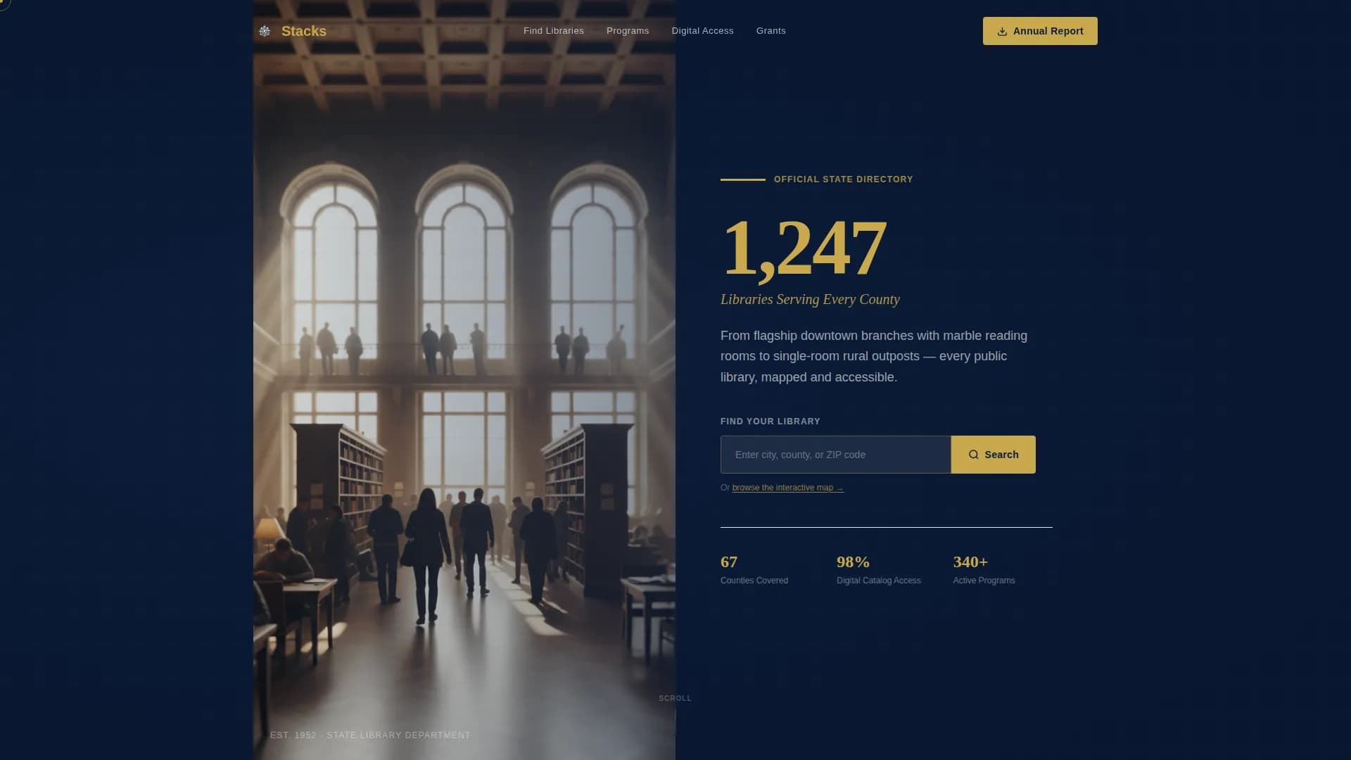 Stacks — Comprehensive Library Directory Landing Page Template