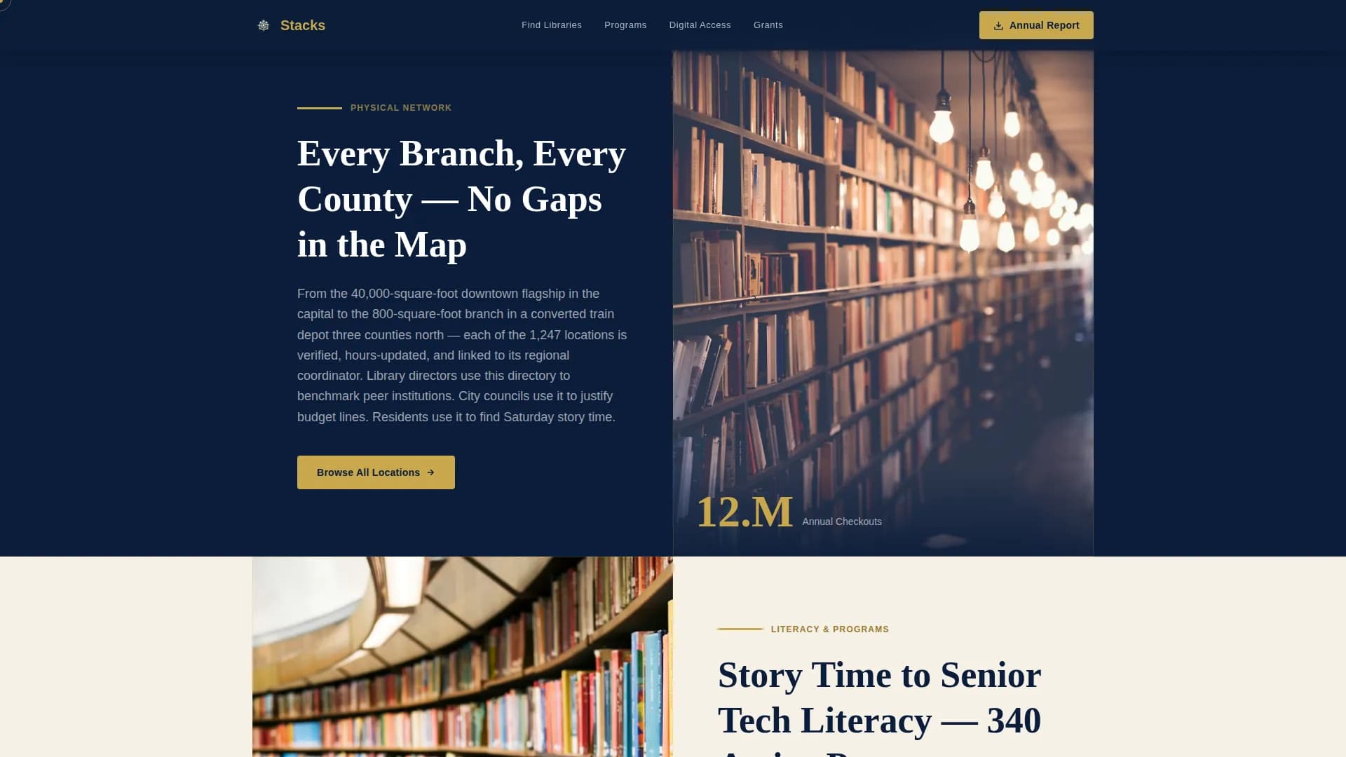 Stacks — Comprehensive Library Directory Landing Page Template