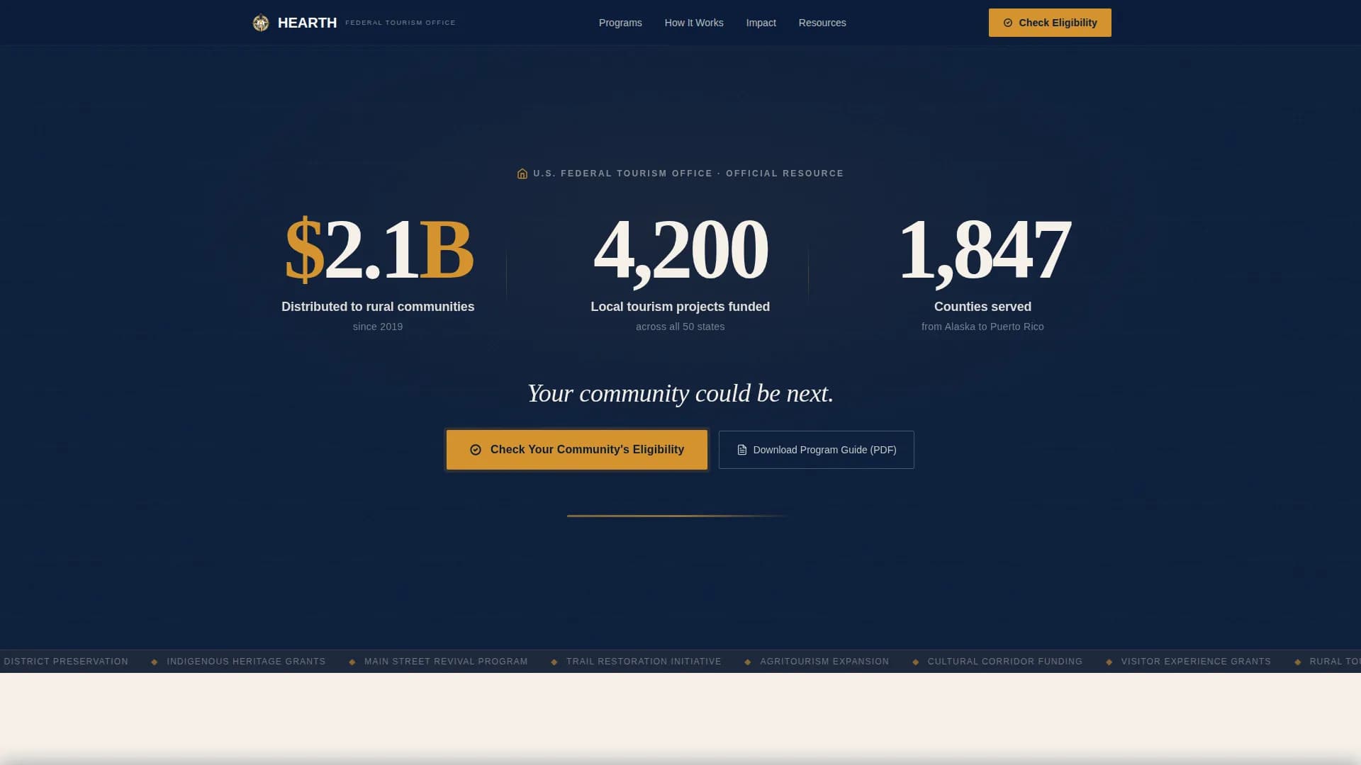 Hearth — Dynamic Tourism Grants Landing Page Template
