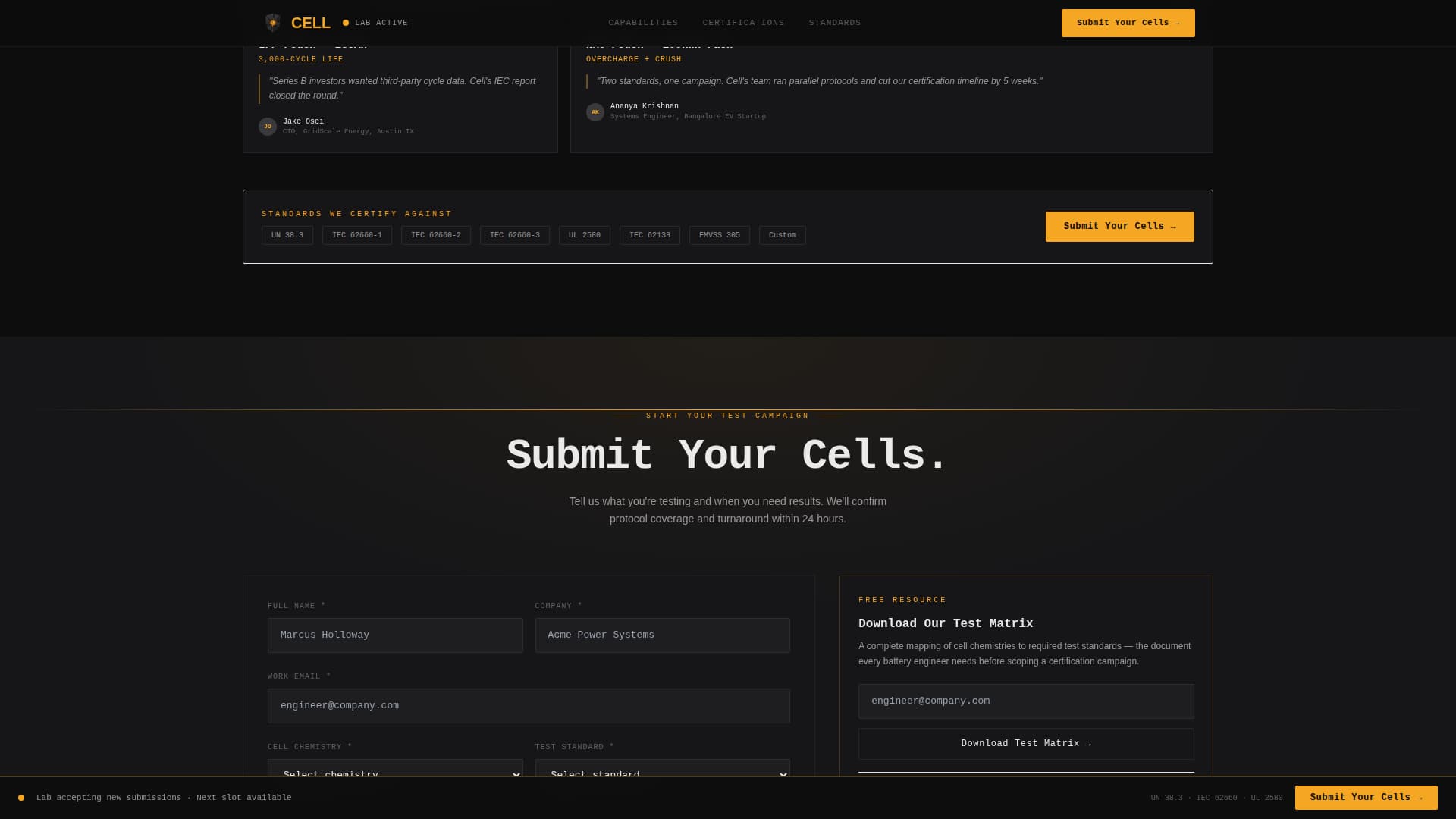 Cellbreak - High Stakes Battery Testing Landing Page Template