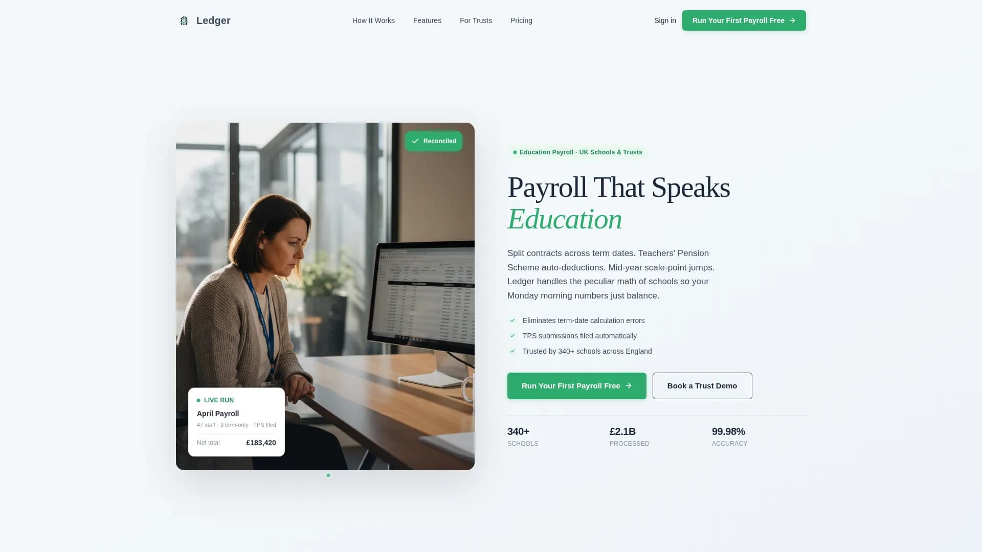 Ledger - Precision Education Payroll Landing Page Template