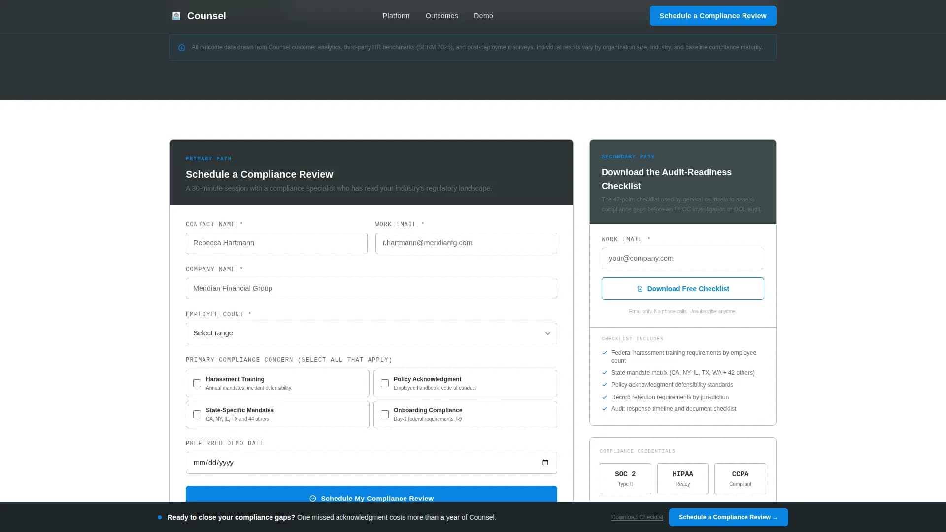 Counsel - Compliance Platform Landing page Template