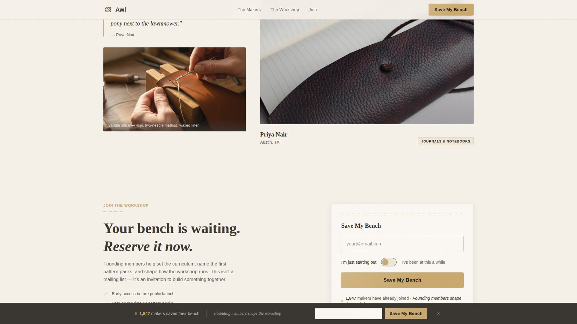 Awl — Premium Leather Crafting Landing Page Template