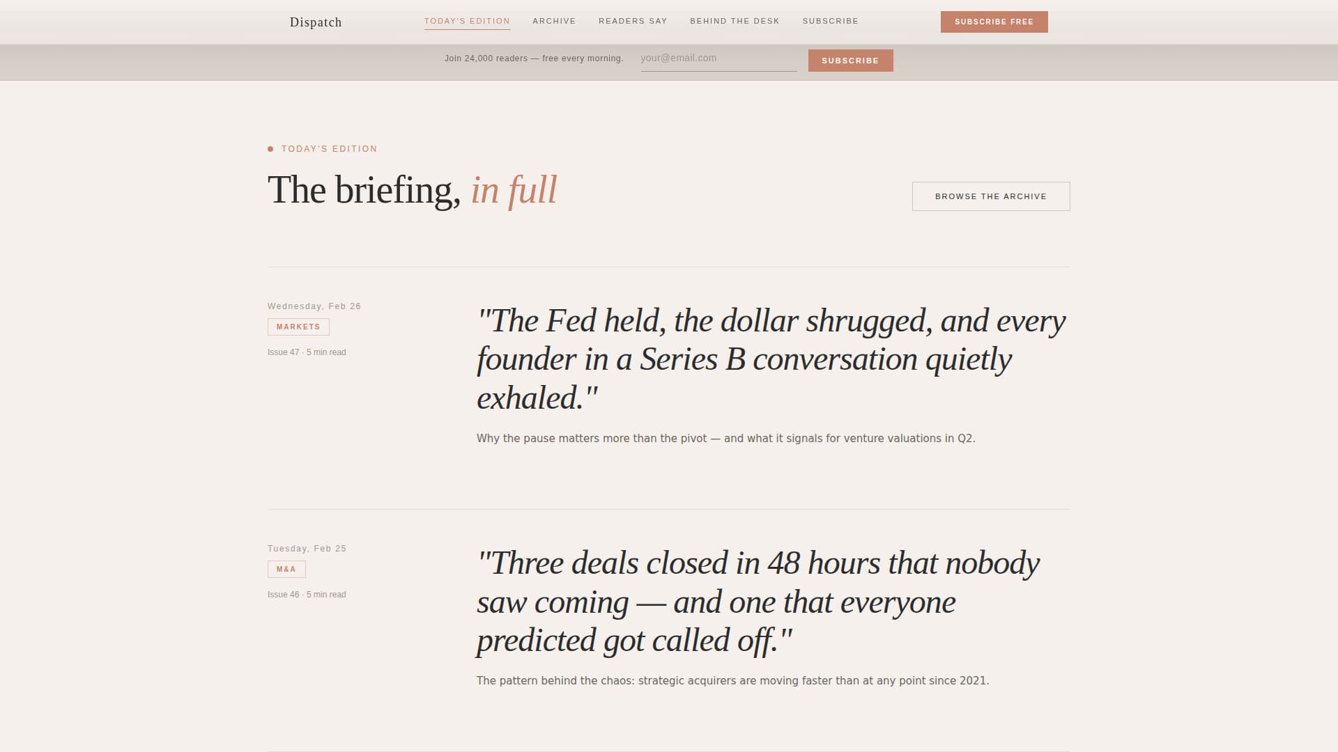 Dispatch — Refined Industry Newsletter Landing Page Template