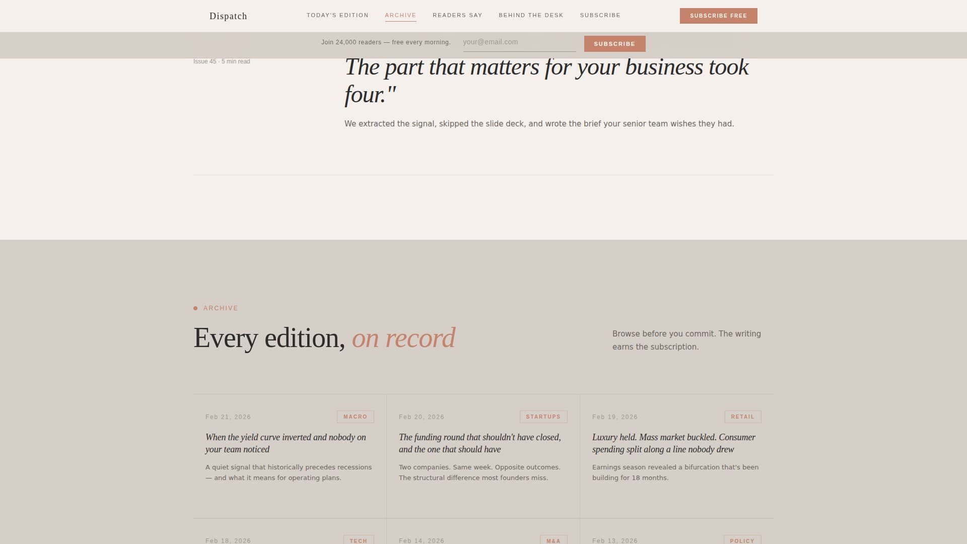Dispatch — Refined Industry Newsletter Landing Page Template