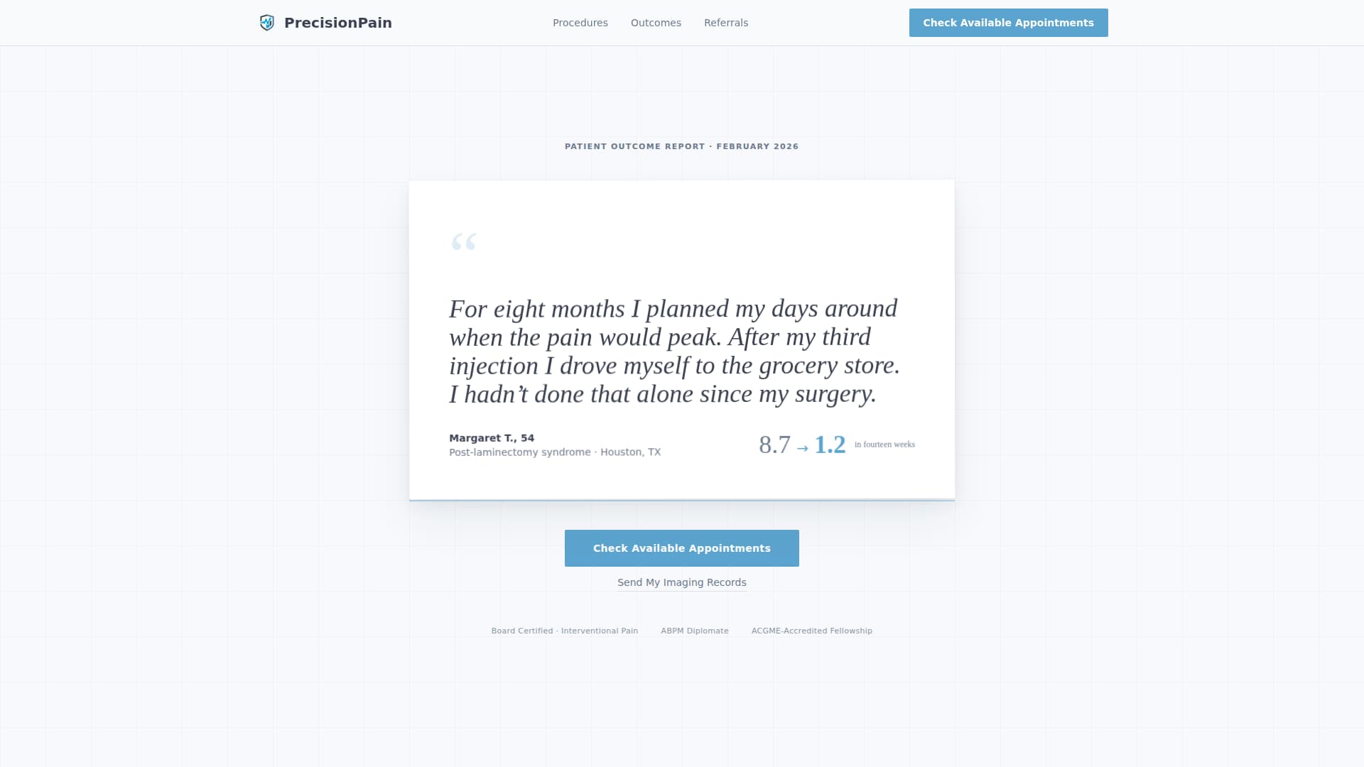 Pain Management Specialist Website Template with Patient Testimonials