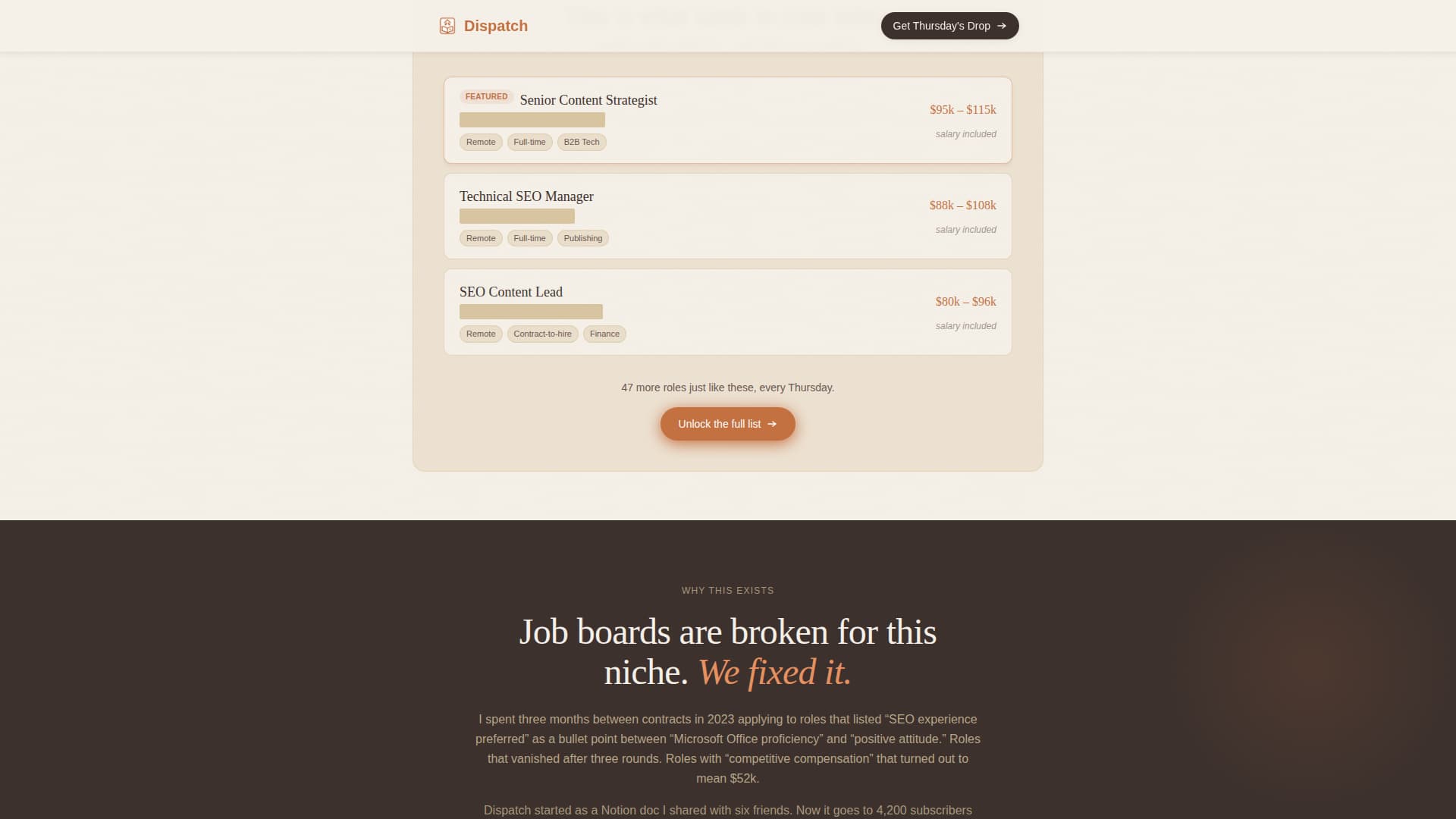 Dispatch - Curated SEO Jobs Landing Page Template