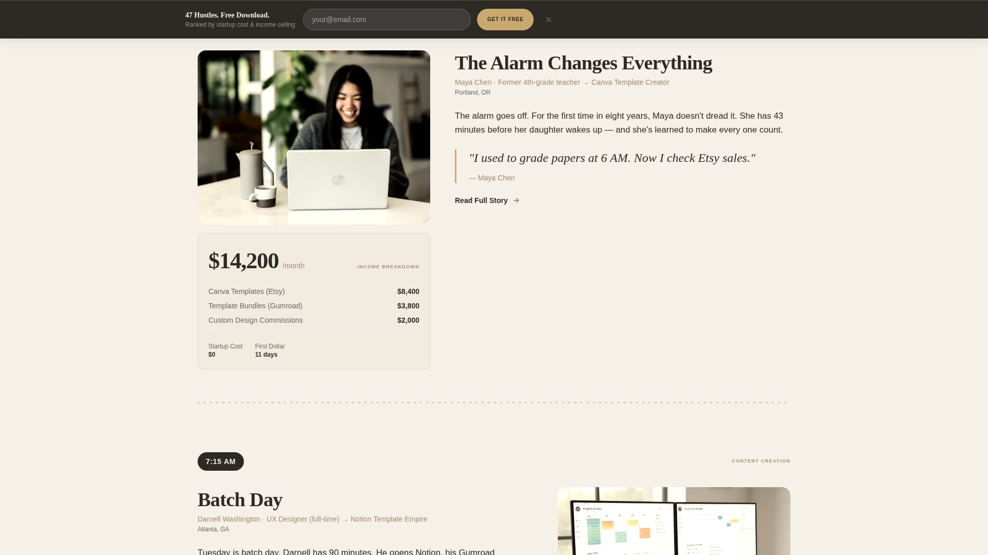 Hustle - Editorial Sidehustle Landing Page Template
