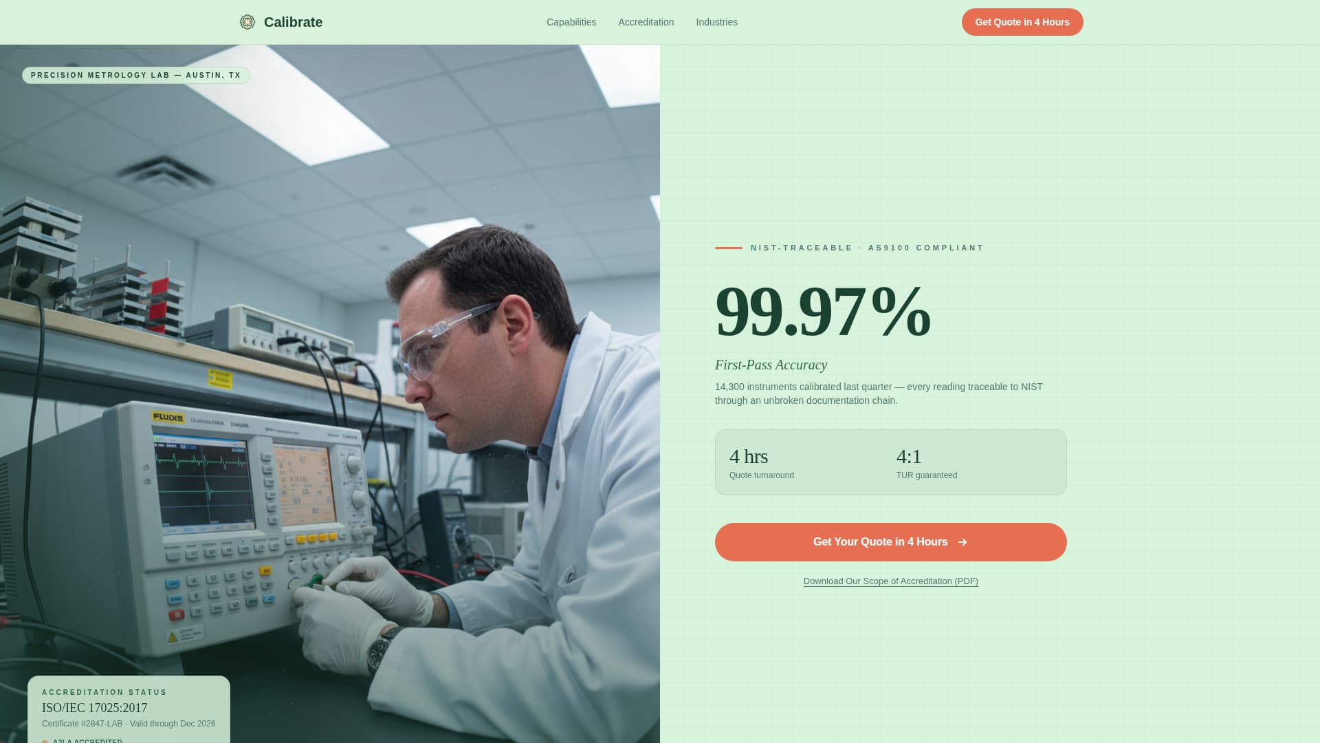 Calibrate - Precision Metrology Landing Page Template