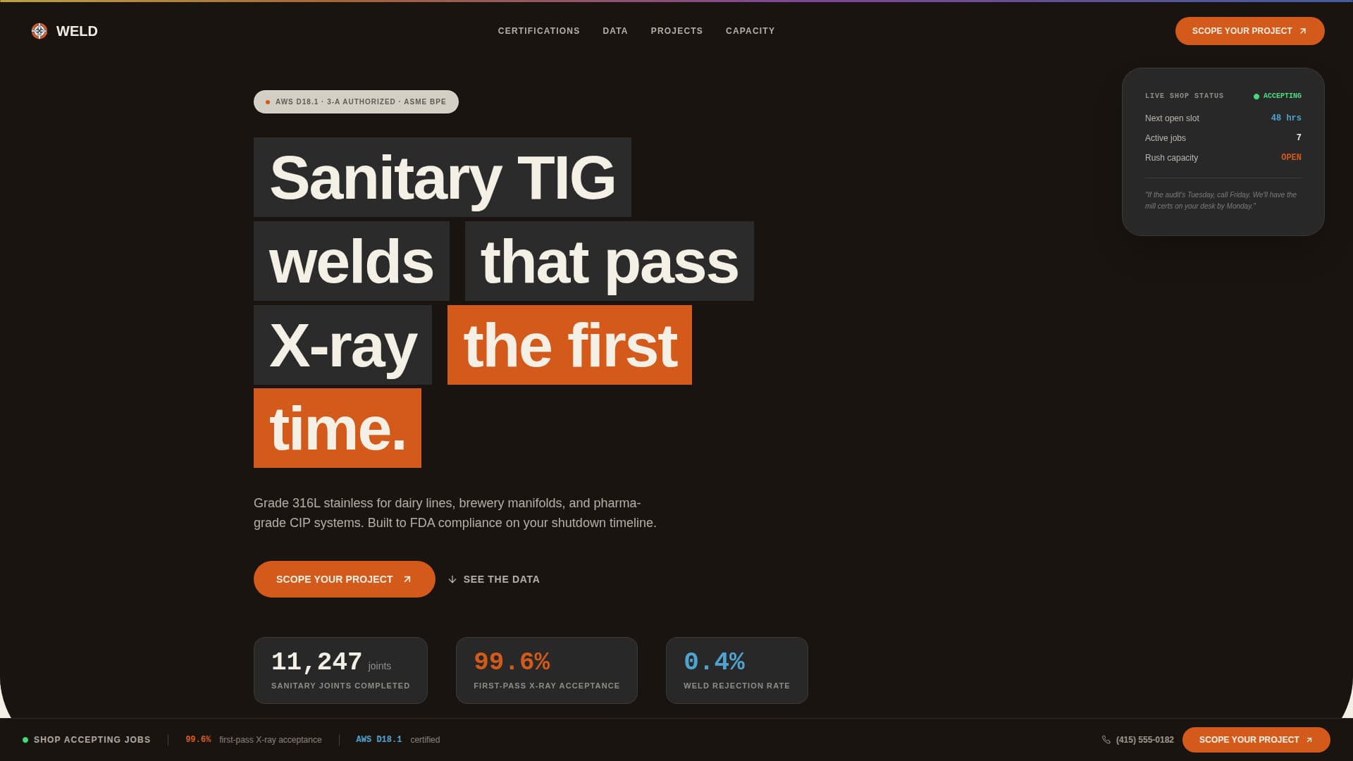 Weld - Precision Sanitaryfabrication Landing Page Template