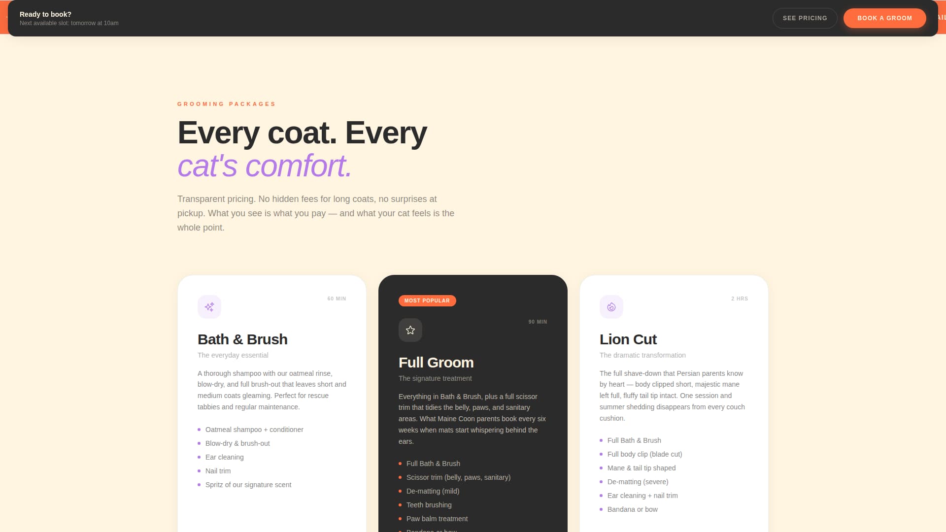Purrfect - Irresistible Catgrooming Landing Page Template