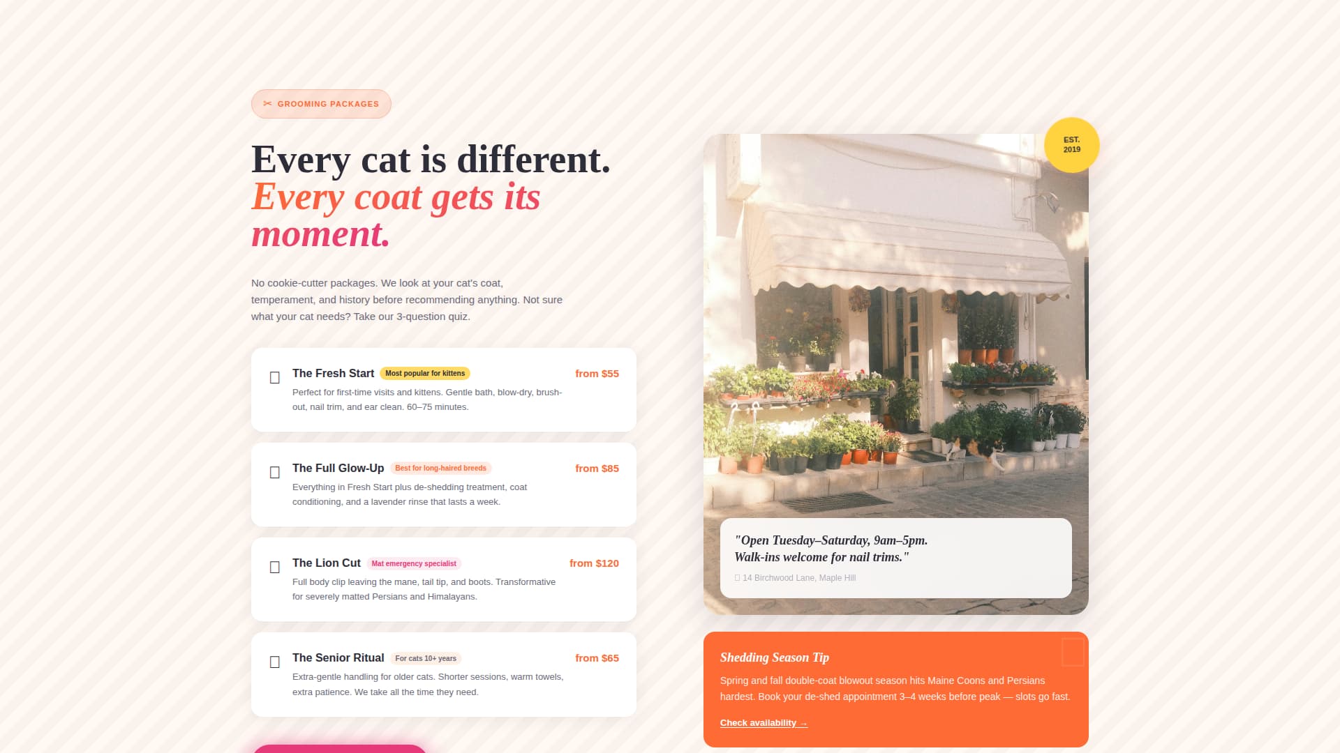 Purr - Cozy Catgrooming Landing Page Template