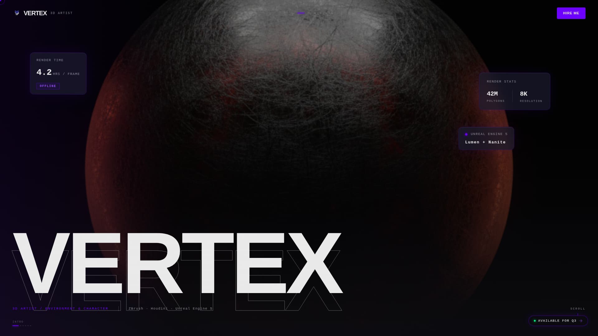 Vertex - Horizontal Scroll 3D Artist Website Template