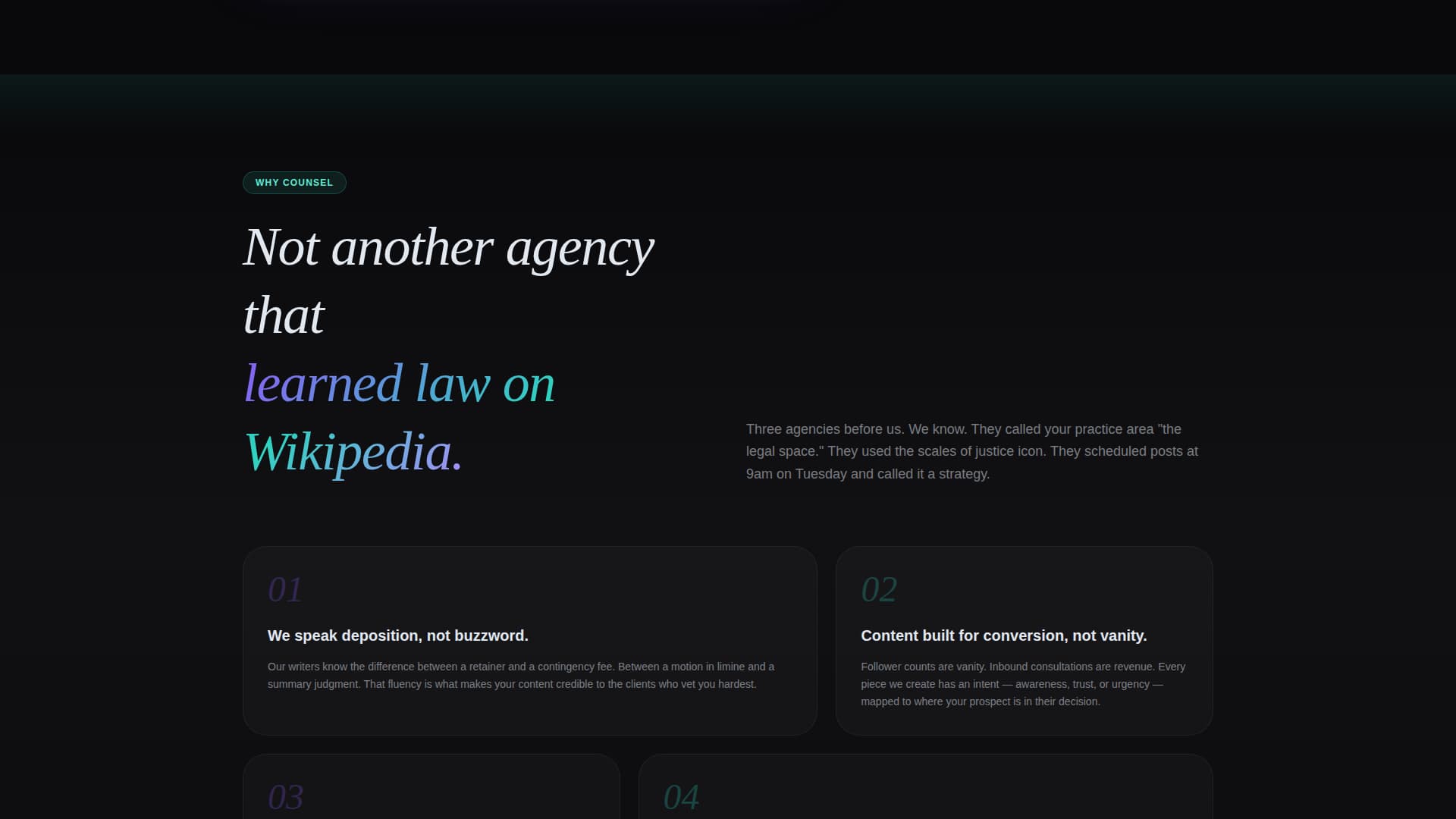 Counsel - Immersive Legal Landing Page Template