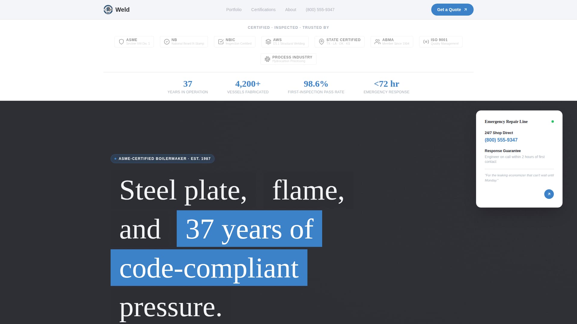 Weld - Trusted Boilermaker Landing Page Template