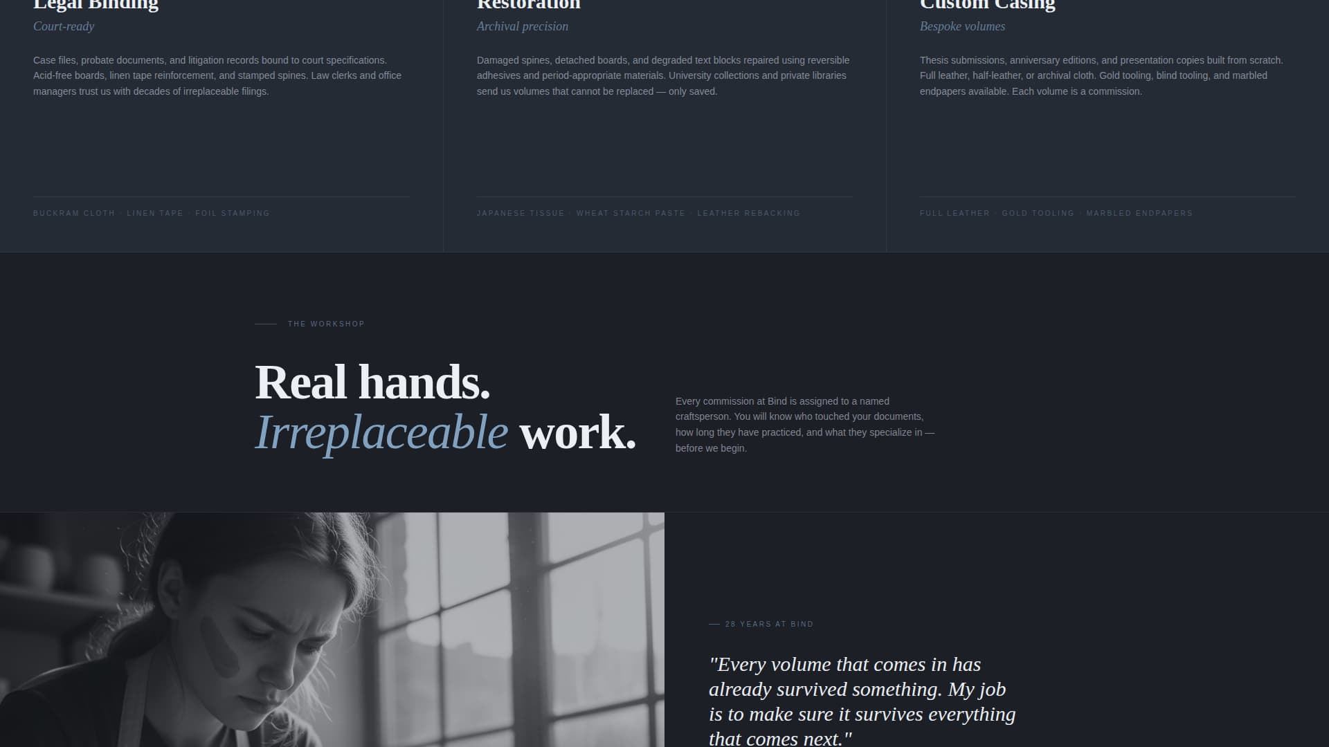 Bind - Authoritative Bookbinder Landing Page Template