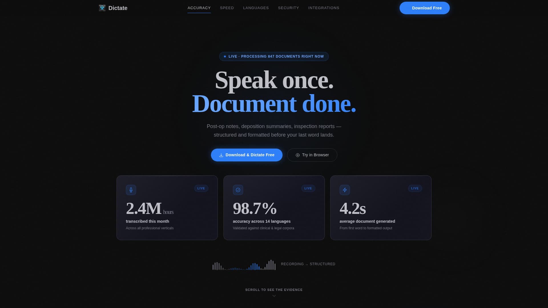 Dictate - Instant Audio Documentation Landing Page Template