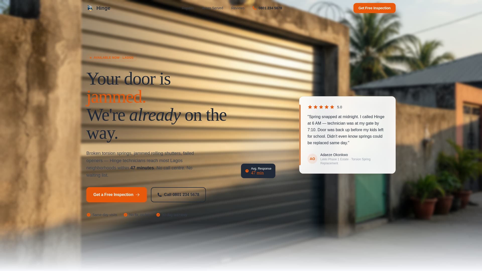 Hinge - Reliable Garagedoor Landing Page Template