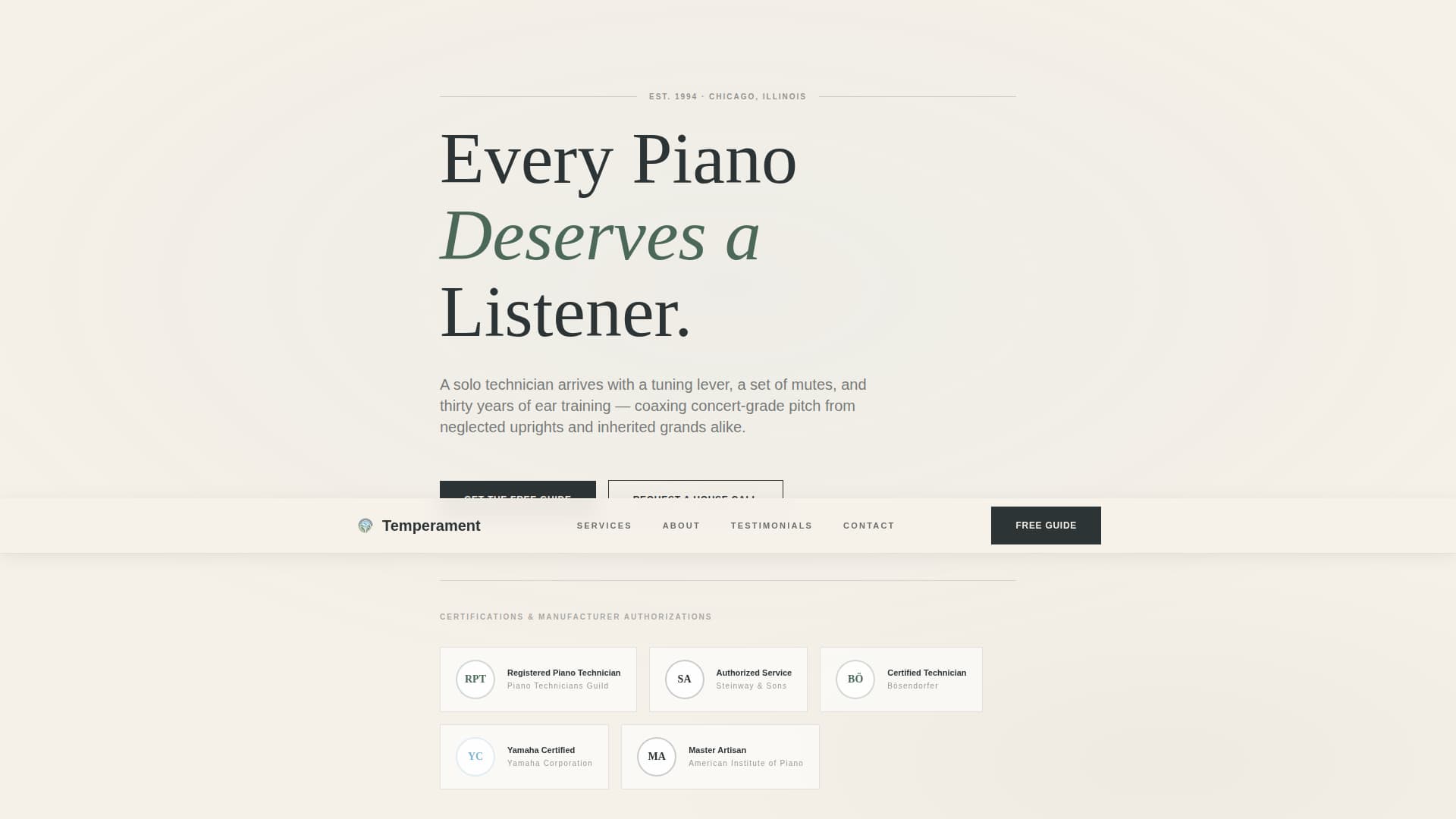 Temperament - Resonant Pianotechnician Landing Page Template