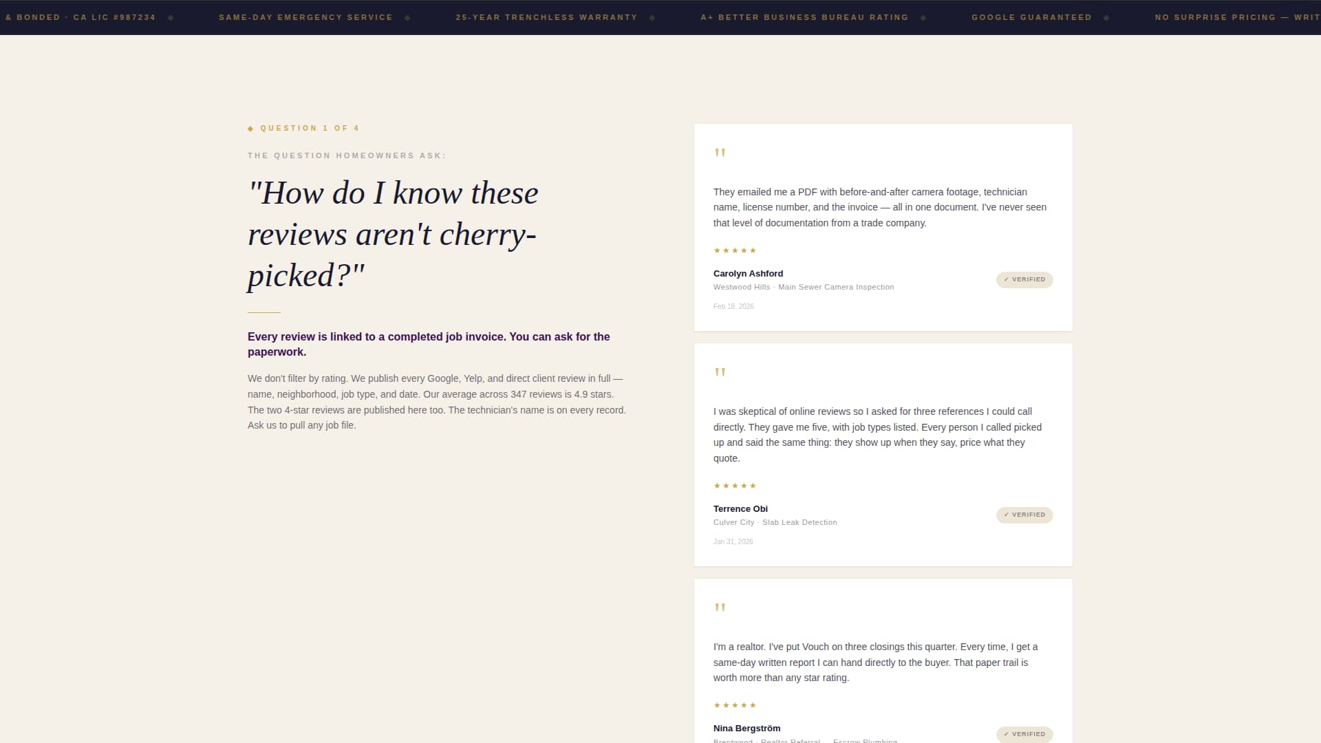 Plumbing Company Testimonials & Reviews Website Template