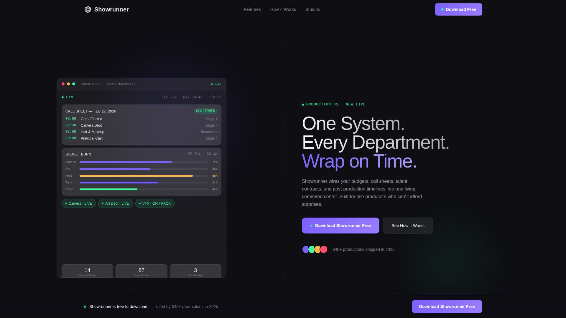 Showrunner - Powerful Entertainment Landing Page Template