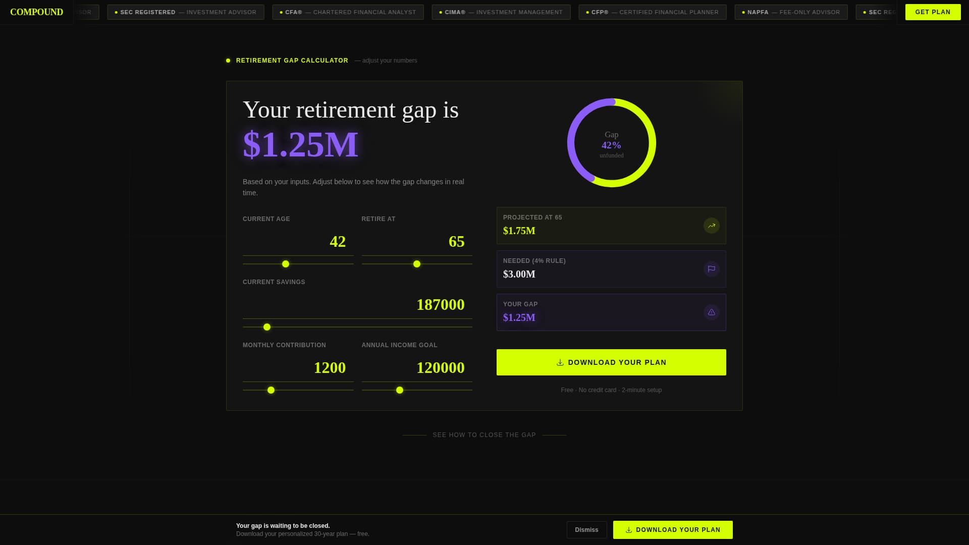 Financial Advisor Retirement Gap Calculator Website Template