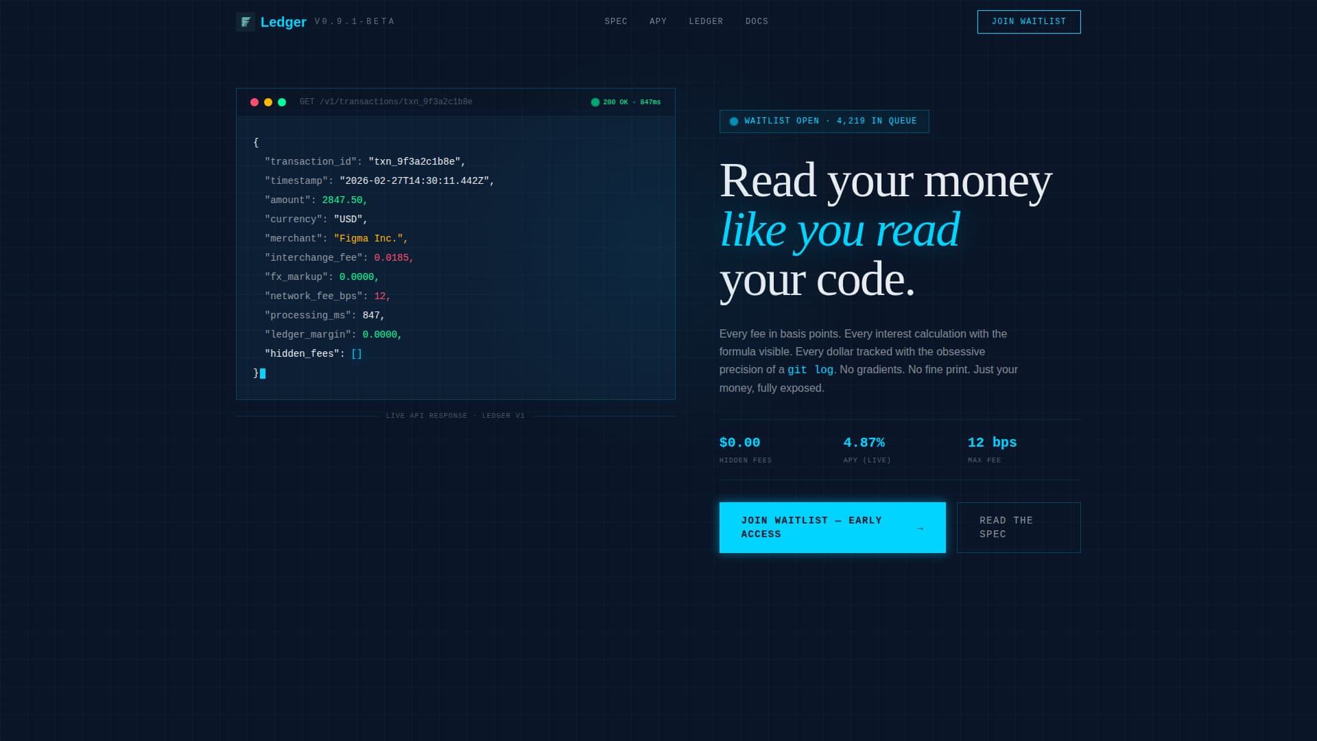 Ledger - Transparent Fintech Landing Page Template