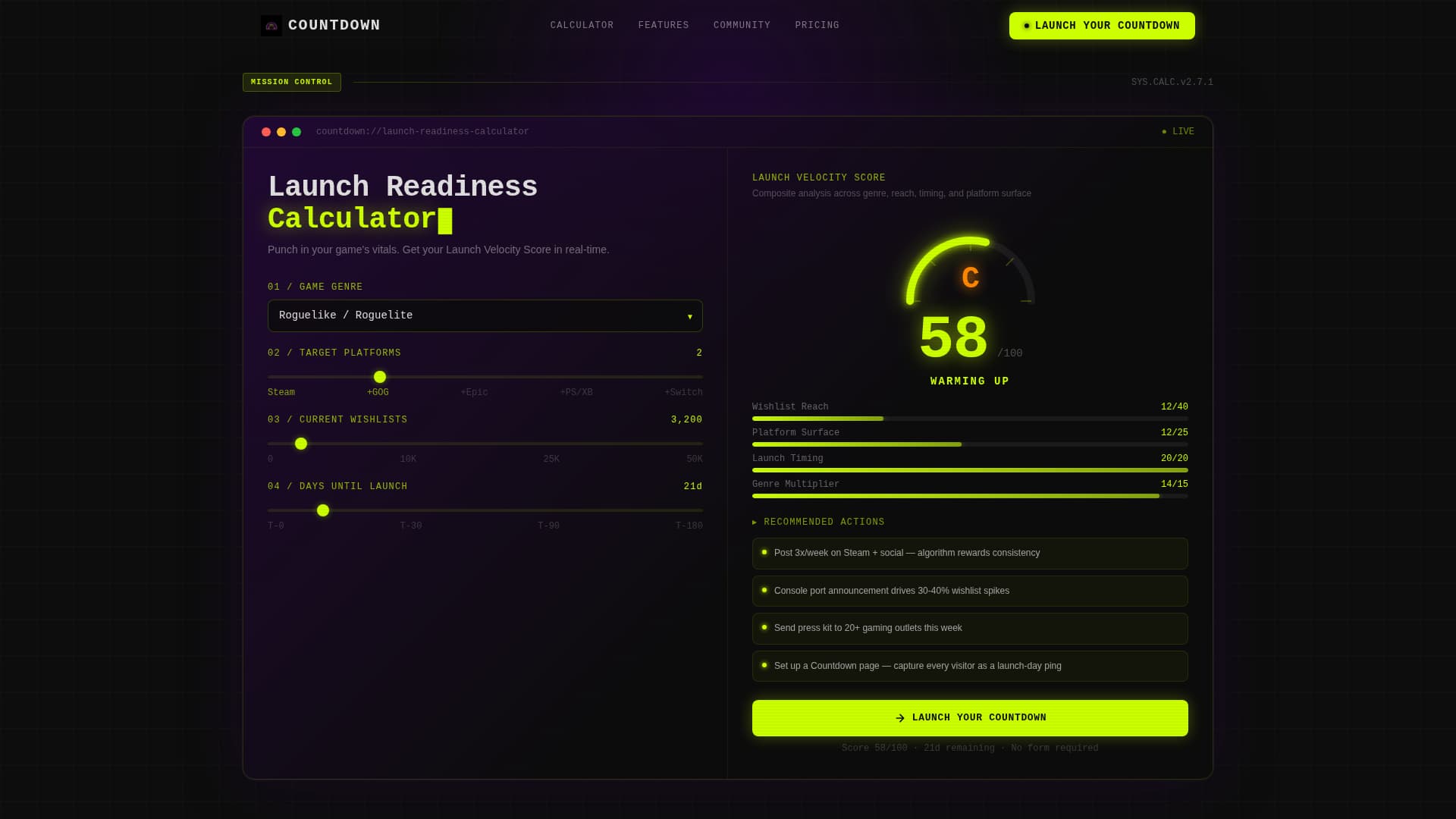 Indie Game Launch Readiness Calculator Website Template