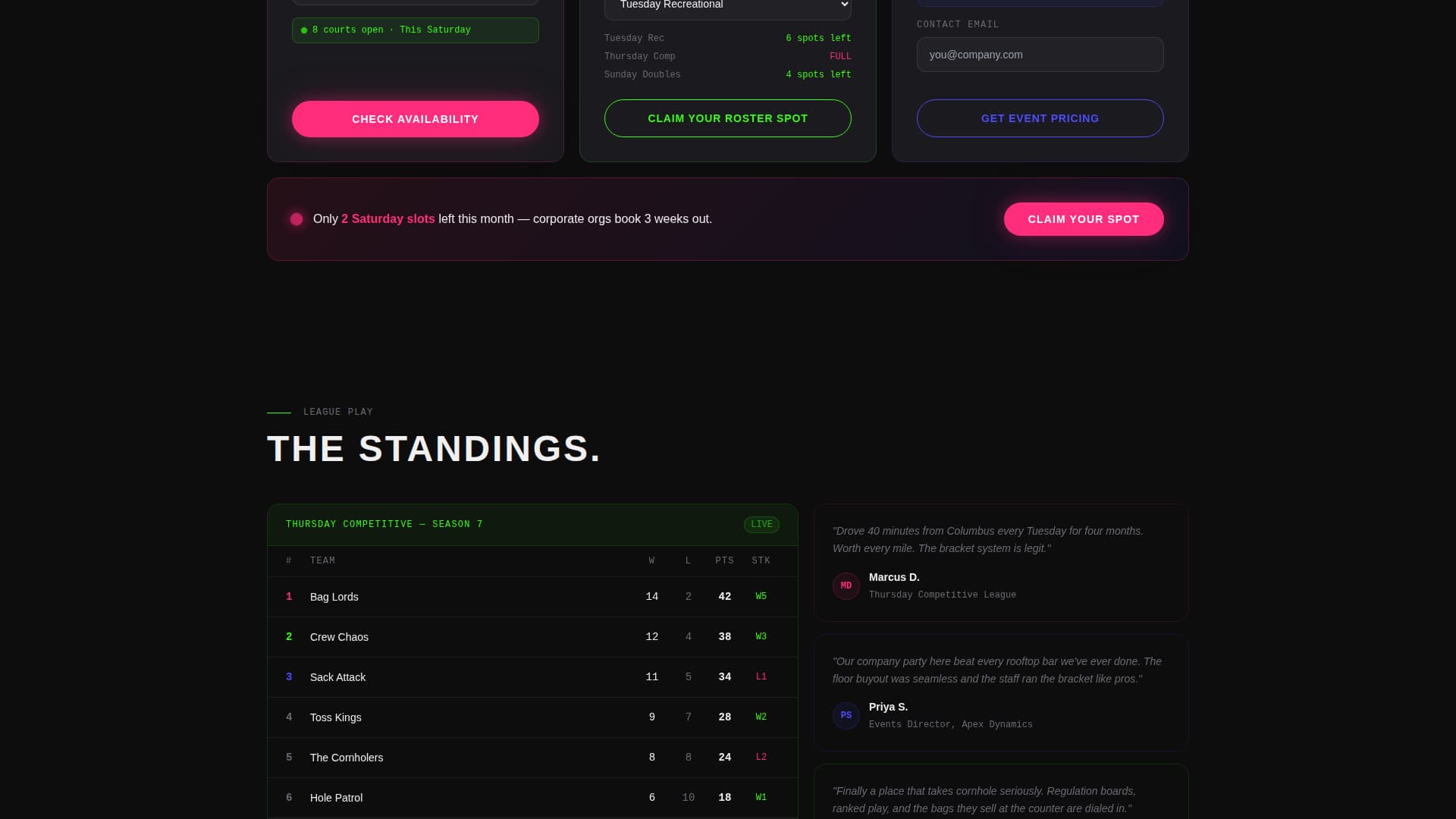 Cornhole Specialist Booking Website Template