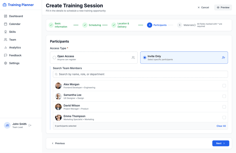 Training scheduler app preview